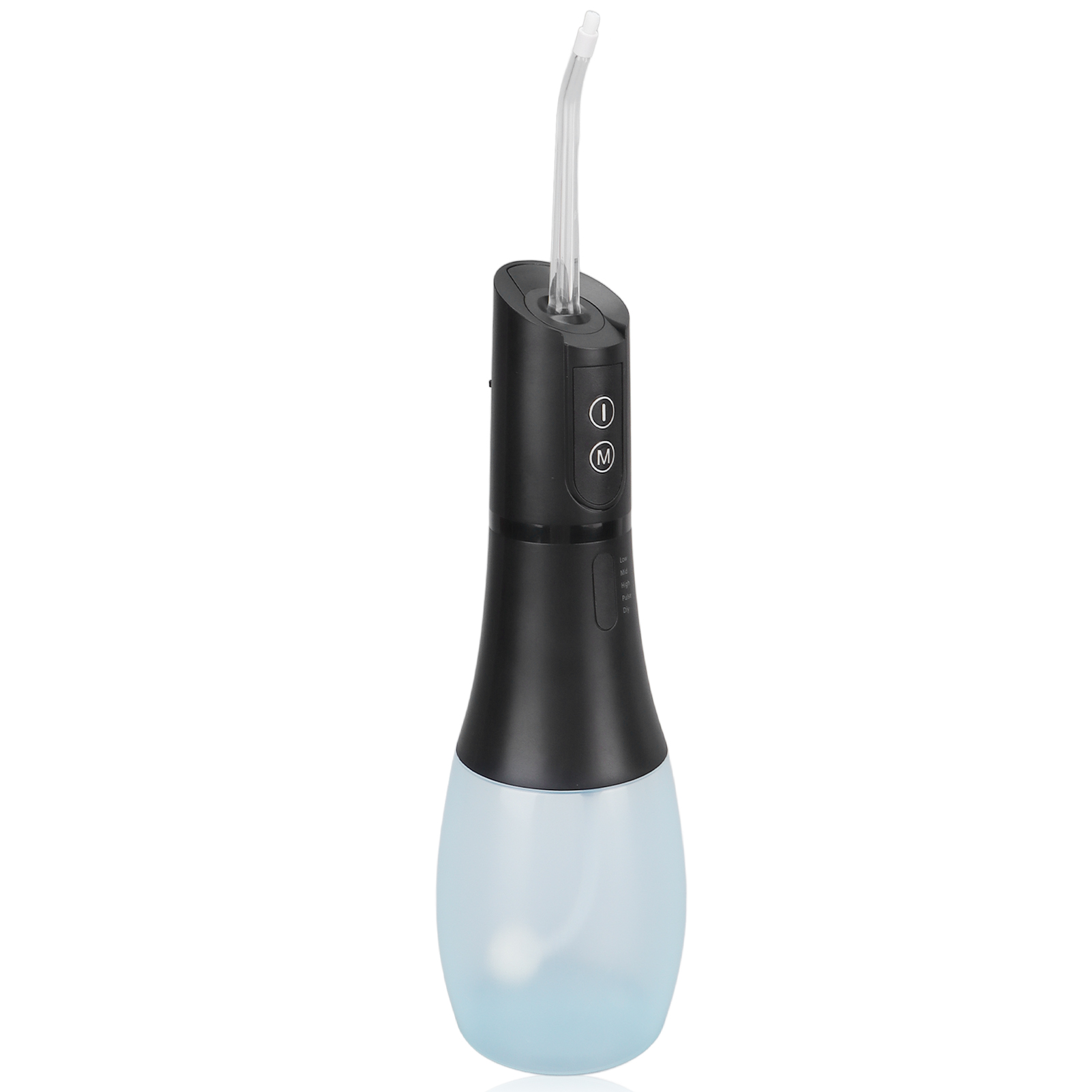 Ein schwarz-blauer Wasserflosser. Er hat eine transparente, gebogene Düse und Steuertasten.