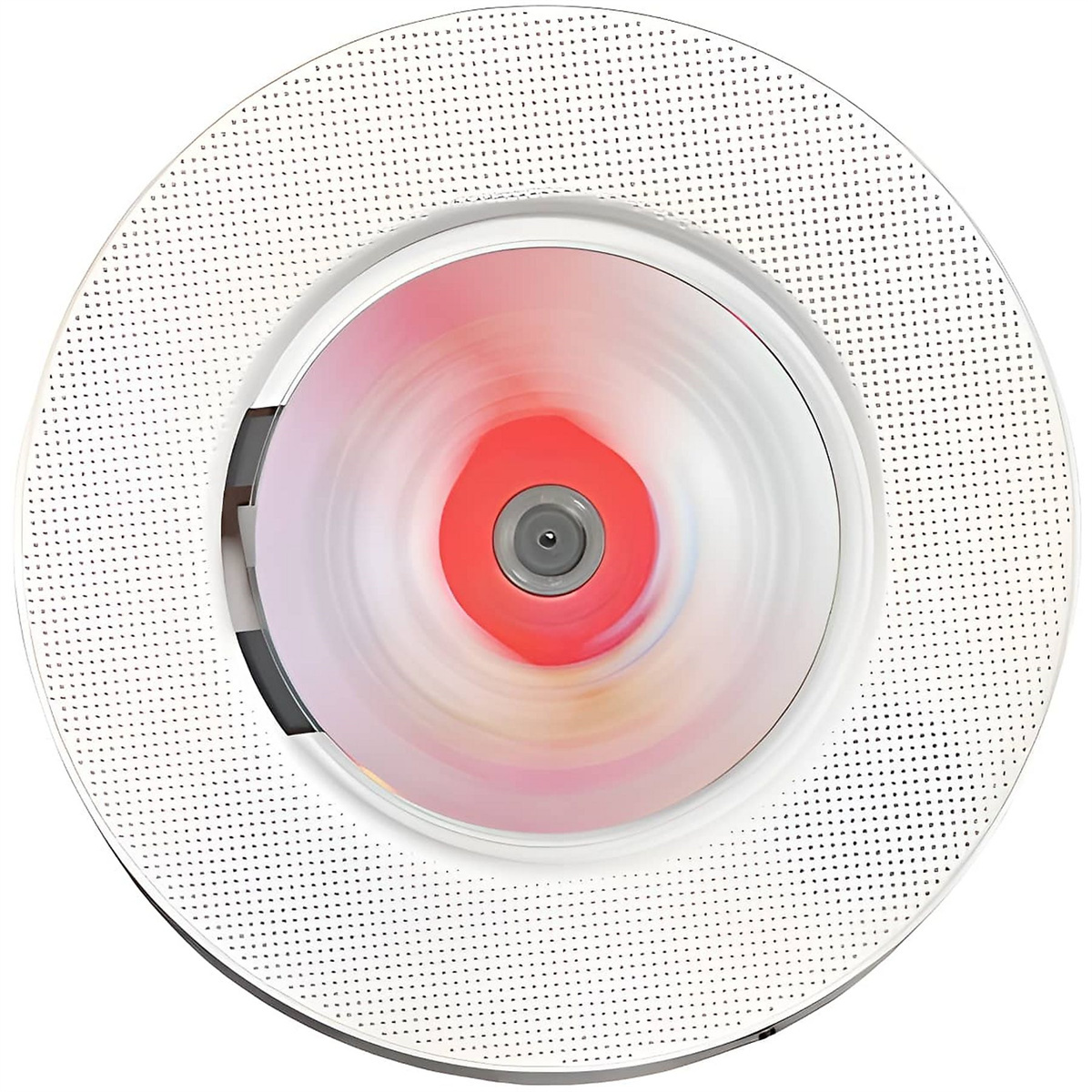 Ein weißer CD-Player mit sich drehender Disc. Die Disc zeigt rote und weiße Farben. Der Player hat kleine Löcher am Rand.