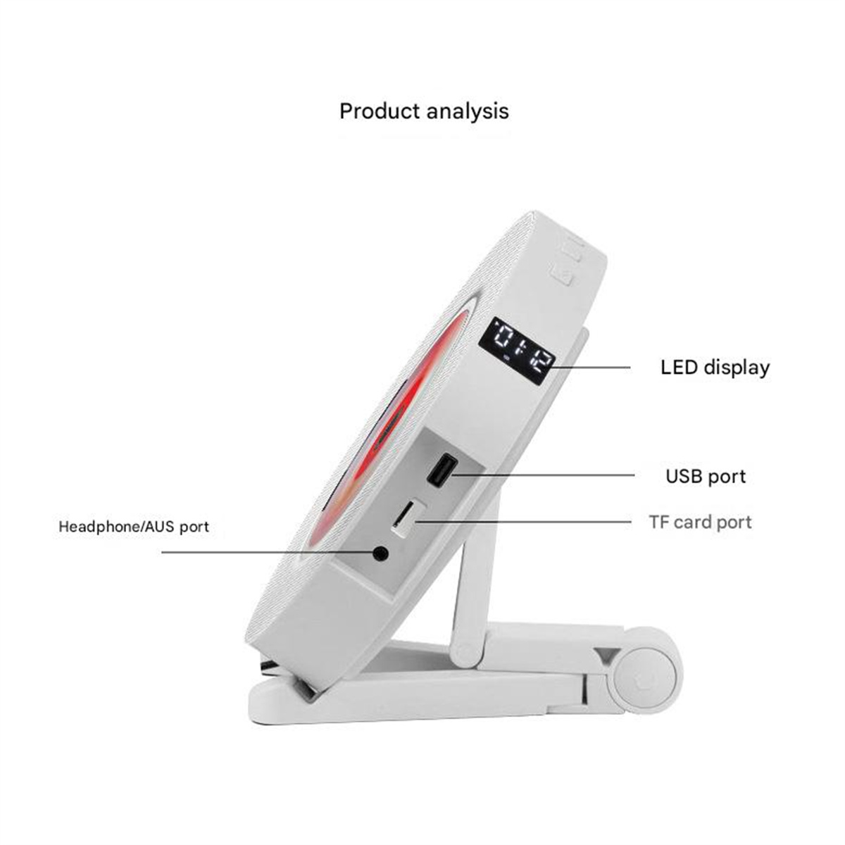 Ein weißes tragbares Gerät mit LED-Anzeige, USB-Anschluss und TF-Kartenanschluss. Es steht auf einem Ständer und ist als Produktanalyse gekennzeichnet.
