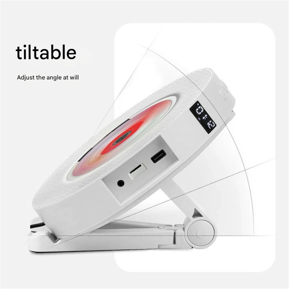 Weißes, kippbares Gerät mit roter und gelber Scheibe. Es hat einen Bildschirm, einen USB-Anschluss und steht auf einem weißen Ständer.