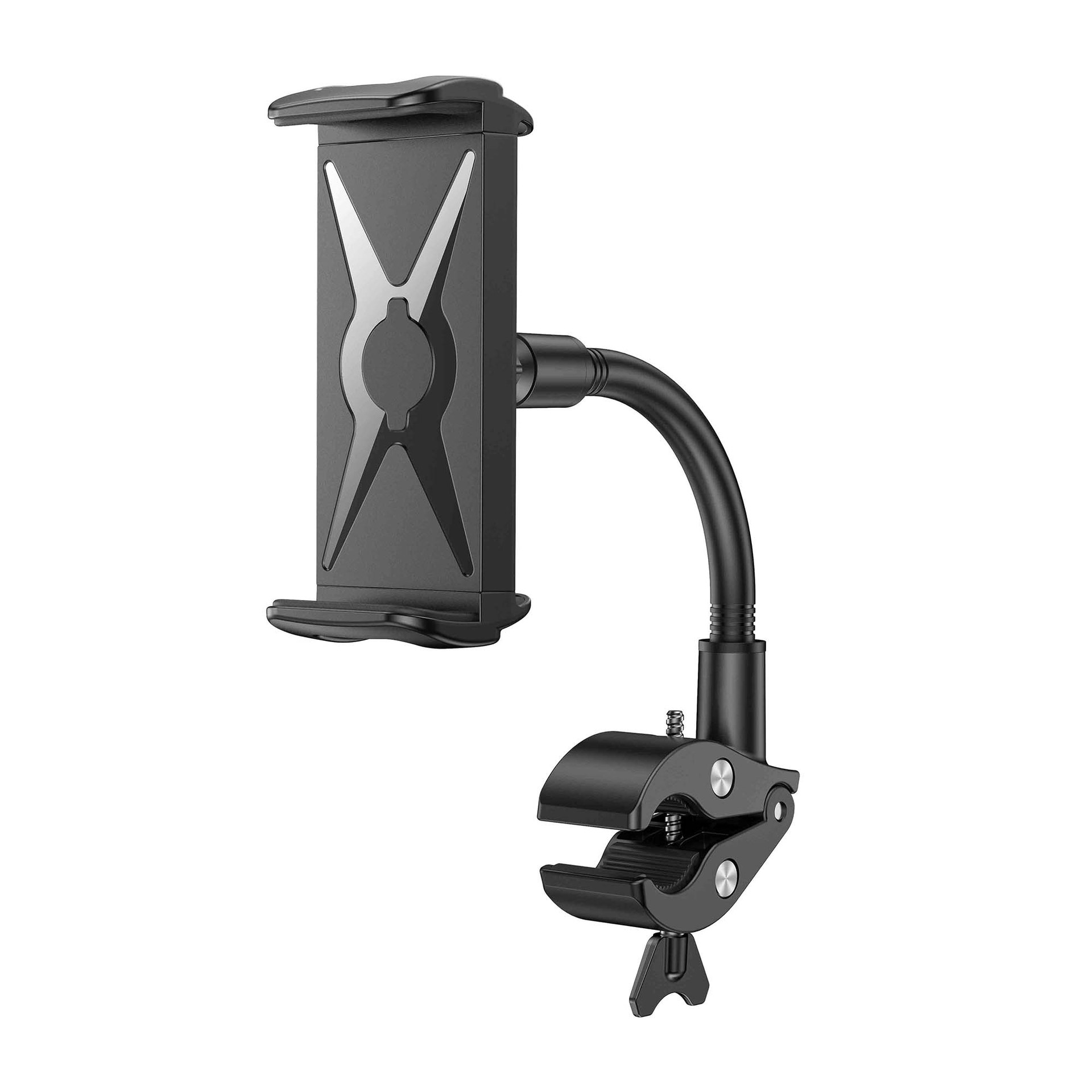 Czarny uchwyt na telefon z elastycznym ramieniem i zaciskiem. Zaprojektowany do montażu w samochodzie, z uchwytem.