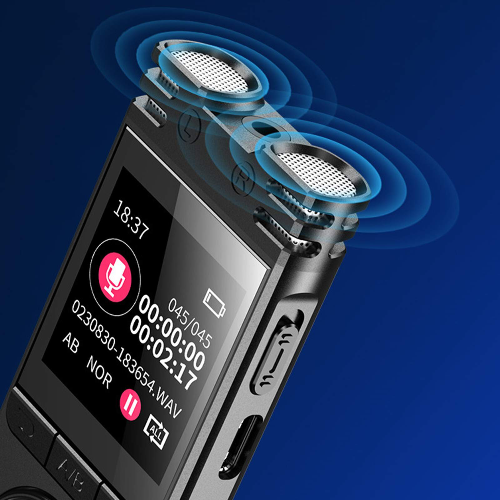 Ein schwarzes digitales Aufnahmegerät mit Bildschirm, der Aufnahmezeit und -status anzeigt. Zwei Mikrofone oben.