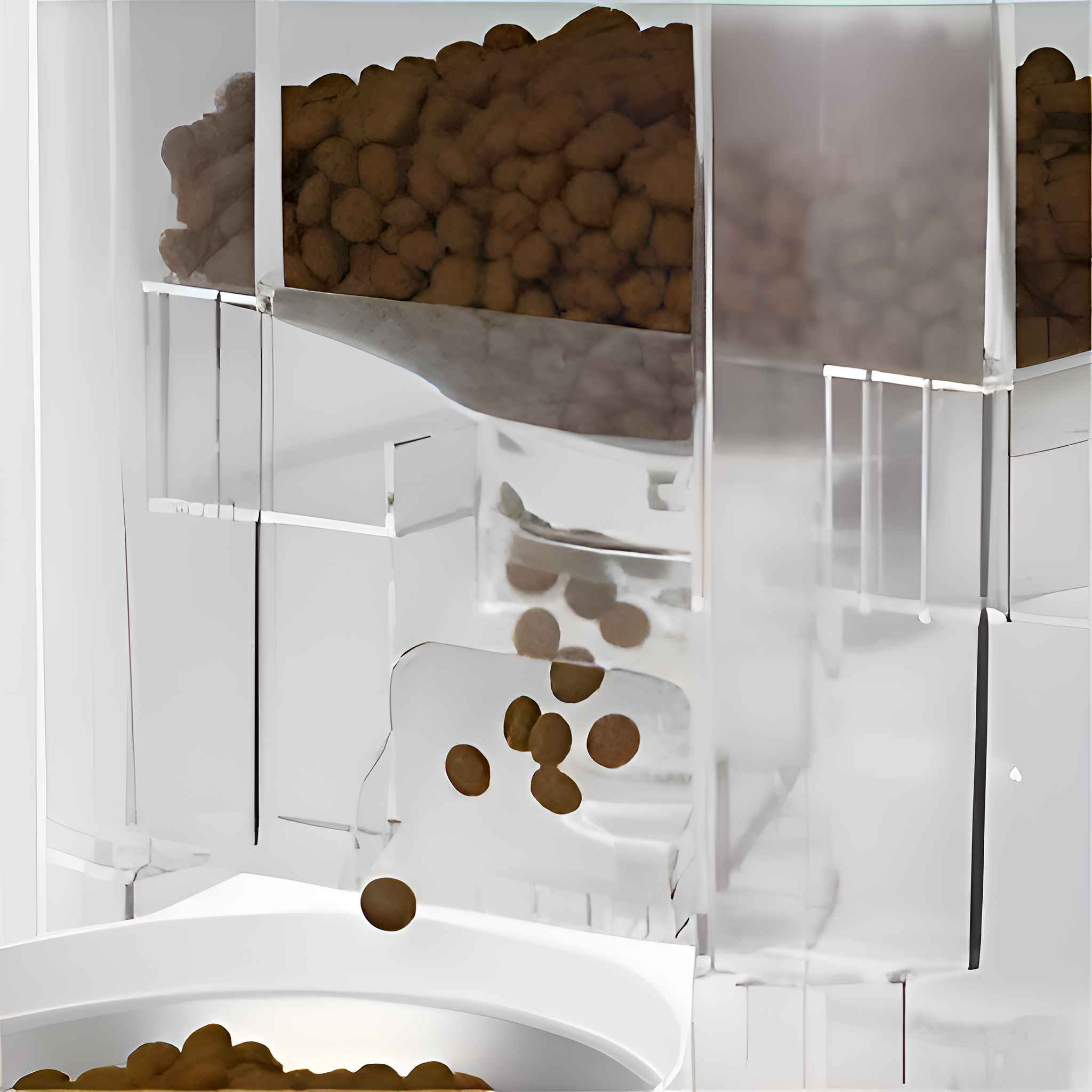 Transparenter Behälter mit braunen Pellets. Einige Pellets fallen in eine weiße Schüssel. Der Behälter hat einen weißen Rahmen.