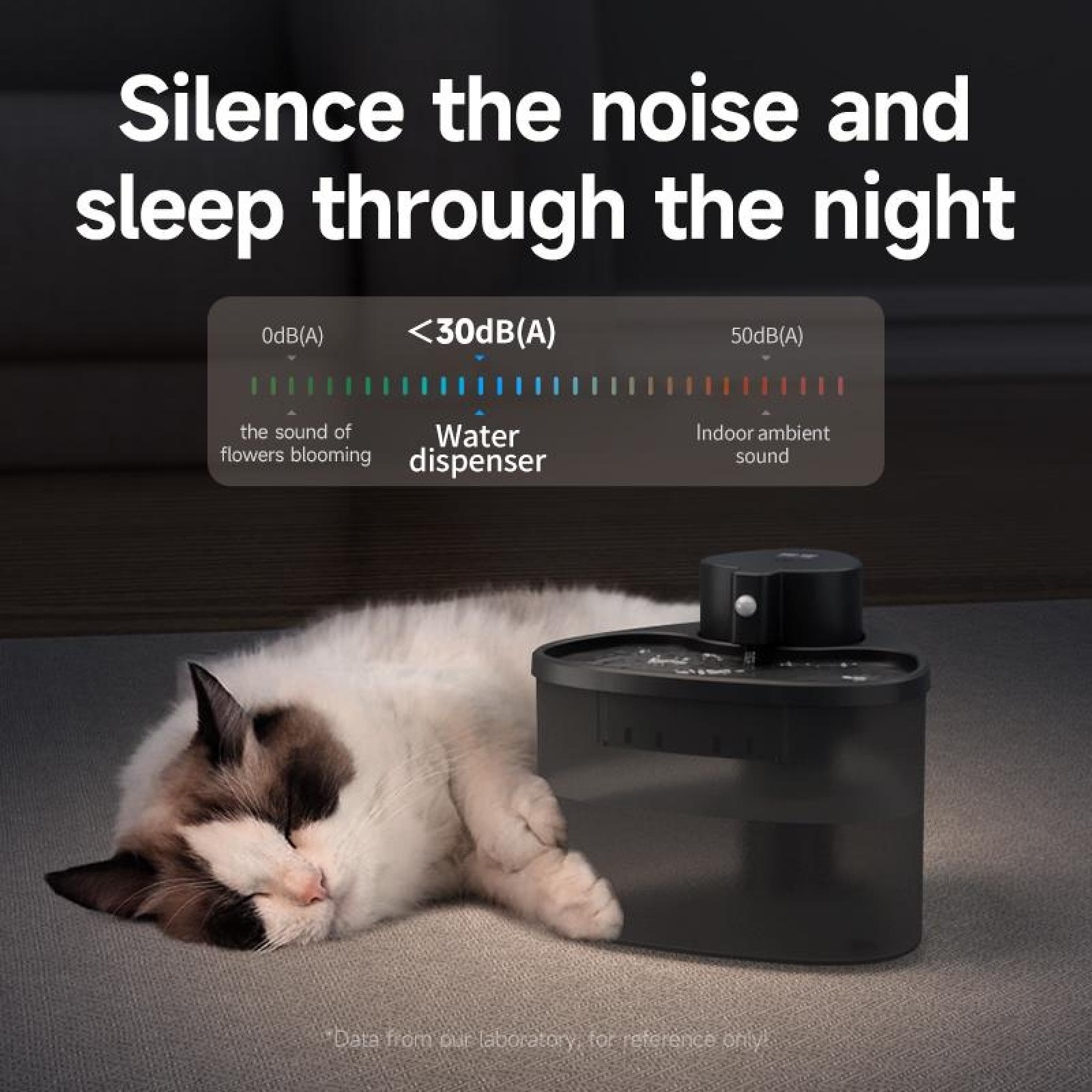 Eine schlafende Katze neben einem schwarzen Wasserspender. Text zeigt Schallpegel. Die Szene ist drinnen.