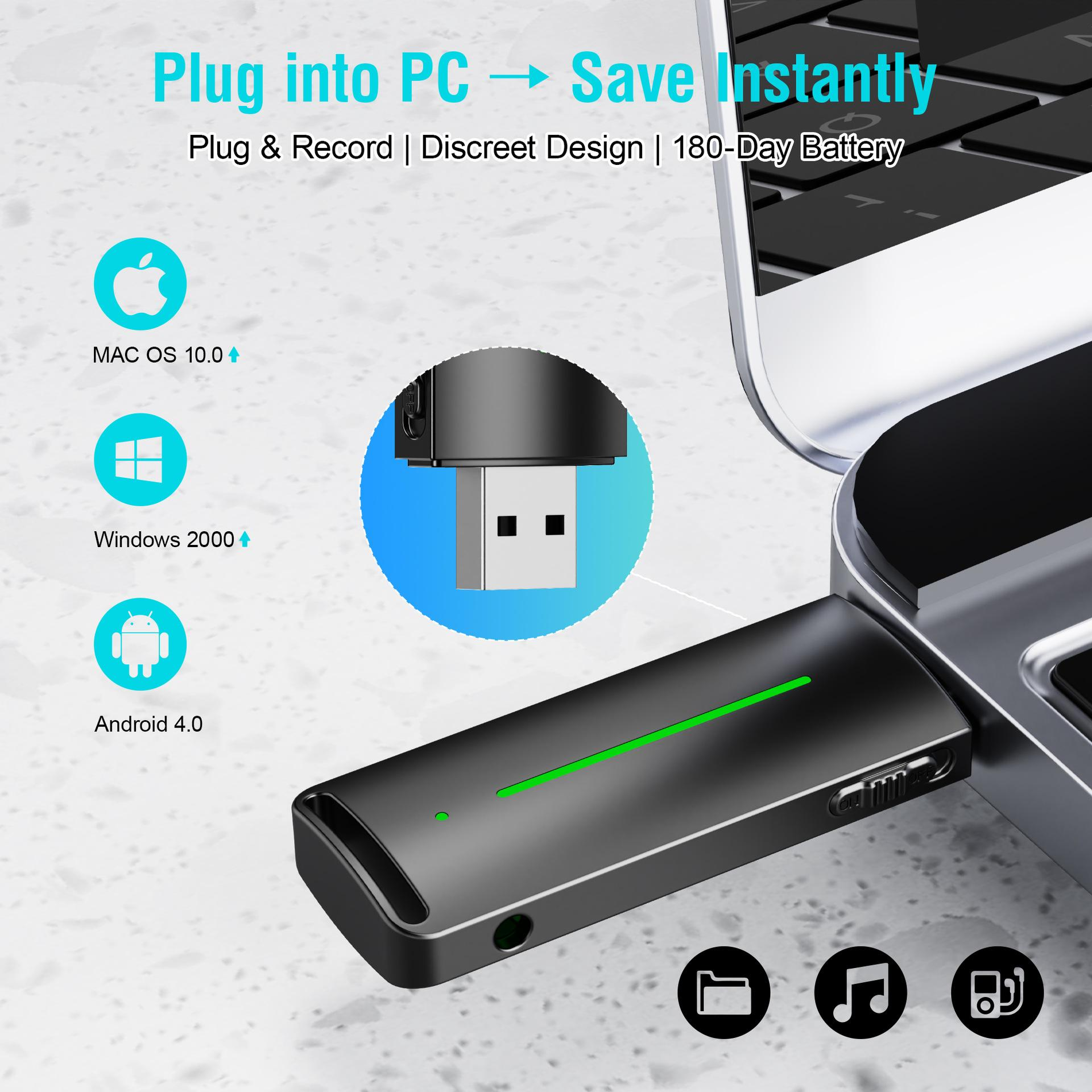 Ein schwarzes USB-Gerät, das an einen Laptop angeschlossen ist, mit unterstützten Betriebssystemen und Symbolen. Es hat auch Mediensymbole.