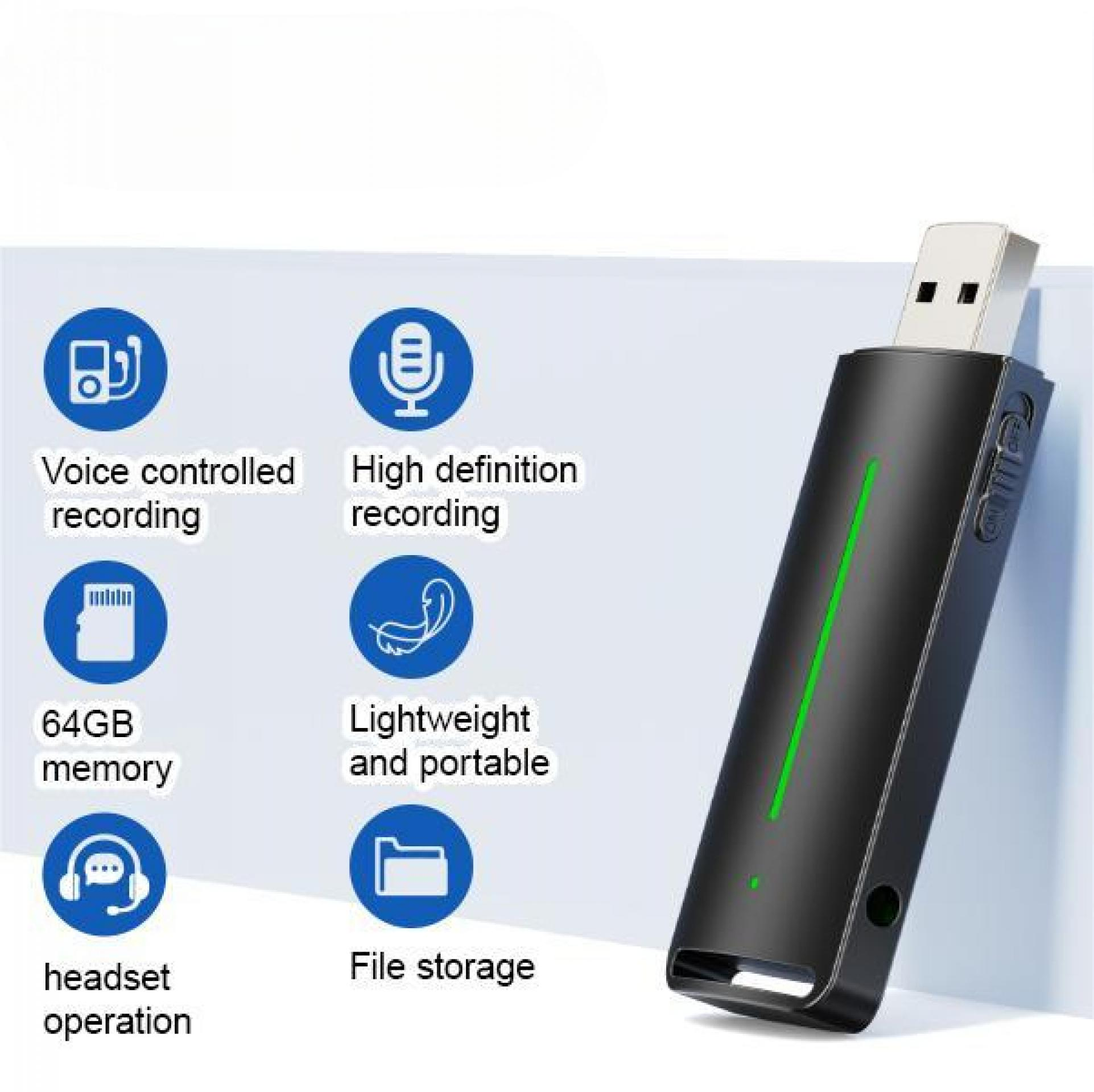Schwarzer USB-Sprachrekorder mit grüner Linie, Icons für Funktionen: Sprachaufzeichnung, High Def, 64 GB, tragbar, Headset, Dateispeicherung.