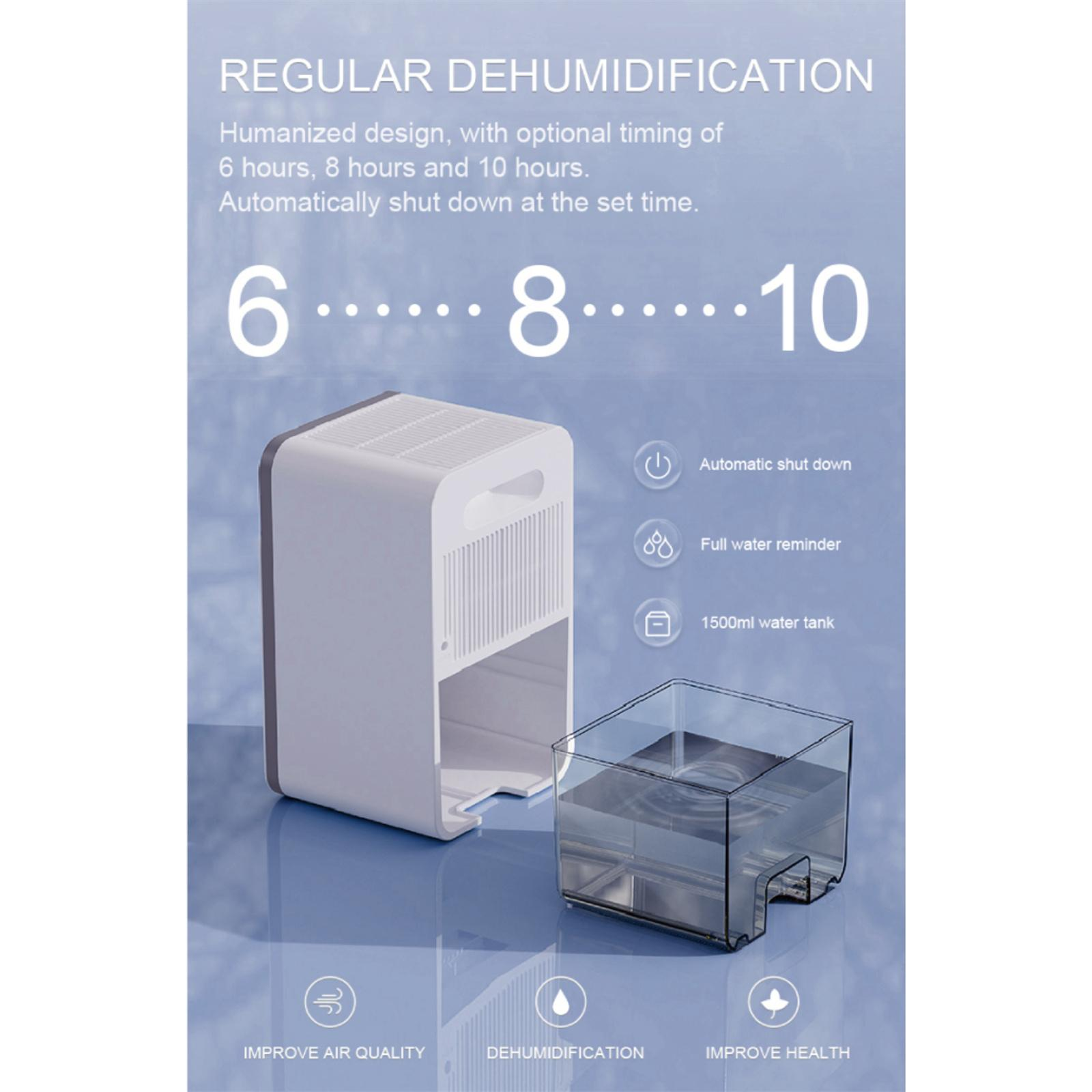 Weißer Luftentfeuchter mit Wassertank, Optionen für 6, 8 oder 10 Stunden. Funktionen: automatisches Abschalten und Wasserstandsanzeige.