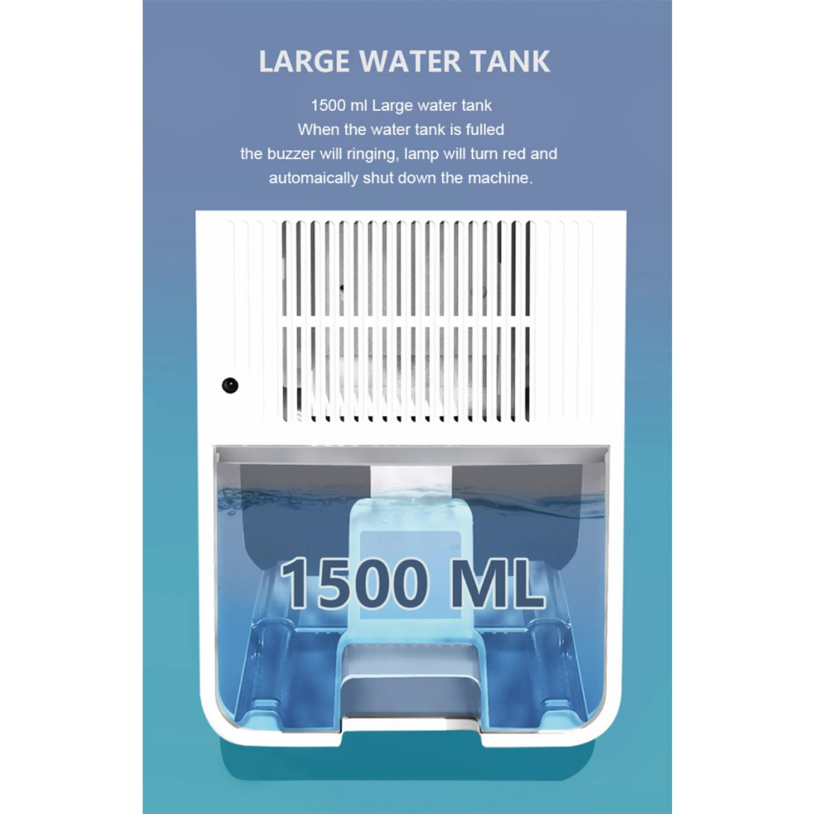 Weißer Wassertank mit 1500 ml Fassungsvermögen, Infotext über den Tank und seine Eigenschaften, blaue Flüssigkeit.