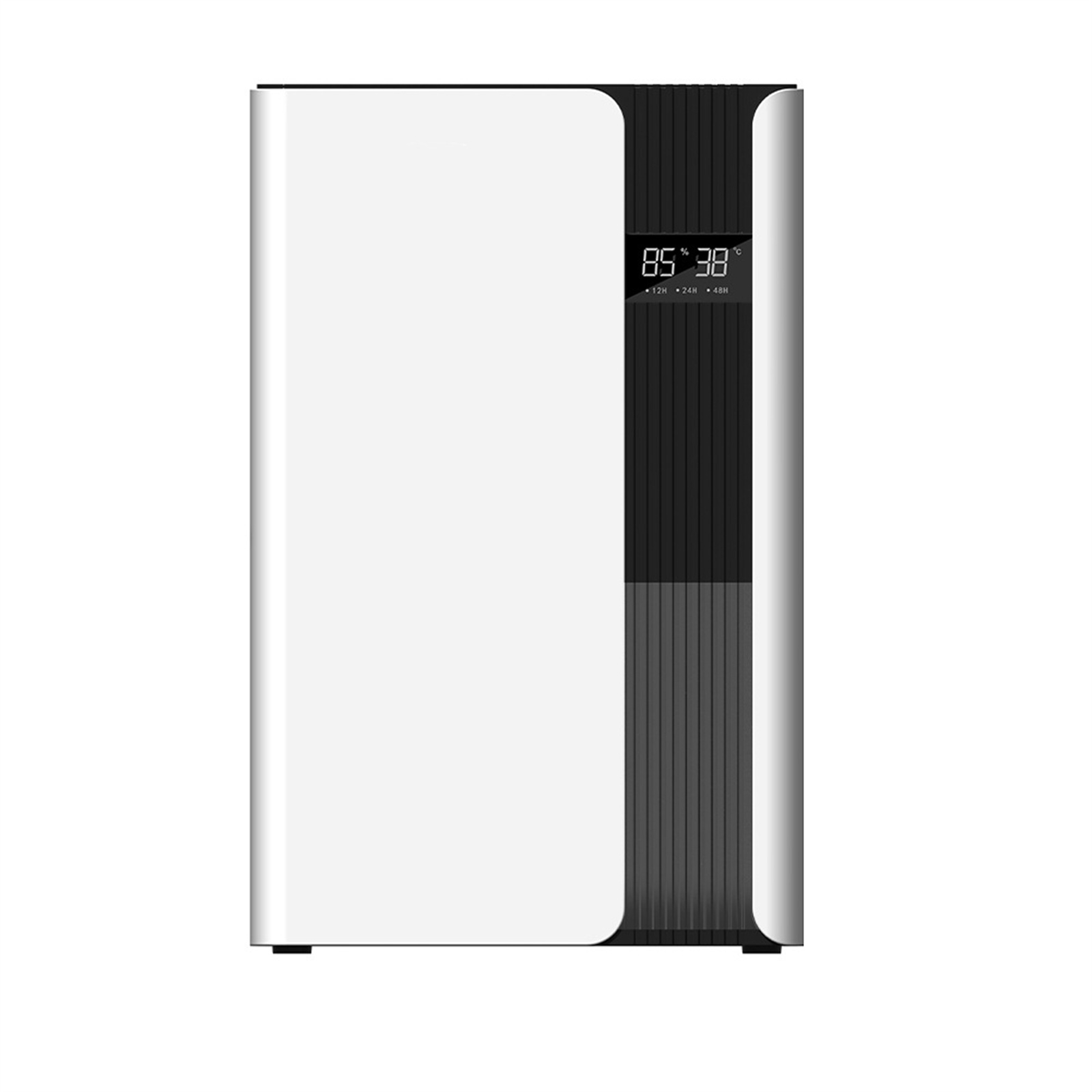 Weißer und schwarzer Luftreiniger. Er hat ein digitales Display mit 85 und 38. Das Design ist modern und elegant.