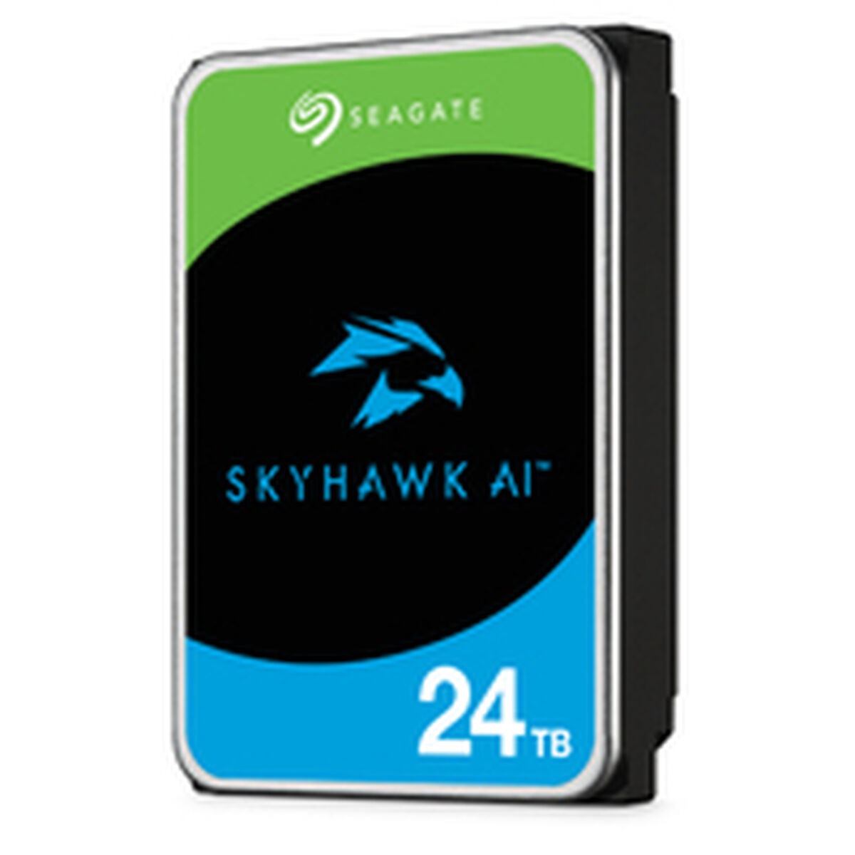 Disco rigido Seagate Skyhawk AI da 24 TB. Parte superiore verde, centro nero con logo blu, parte inferiore blu. Cornice argentata, lato nero.