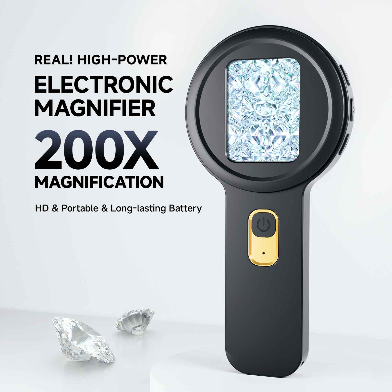 Schwarze elektronische Lupe mit diamantartiger Anzeige, Ein-Aus-Taste und zwei Diamanten unten auf weißem Hintergrund.