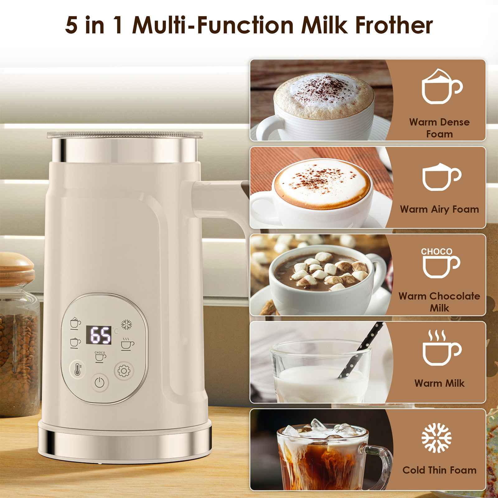 Cremefarbener Milchaufschäumer mit Digitalanzeige und Symbolen für verschiedene Schaumarten. Kaffeetassen und Milchbeispiele werden angezeigt.