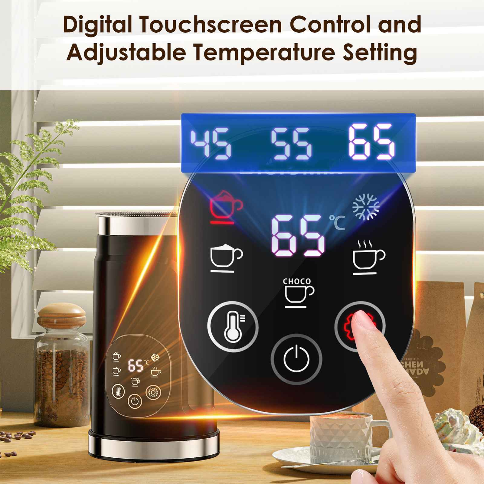 Digitaler Touchscreen zeigt Temperatureinstellungen. Hand berührt eine Taste. Eine Kaffeemaschine ist sichtbar.