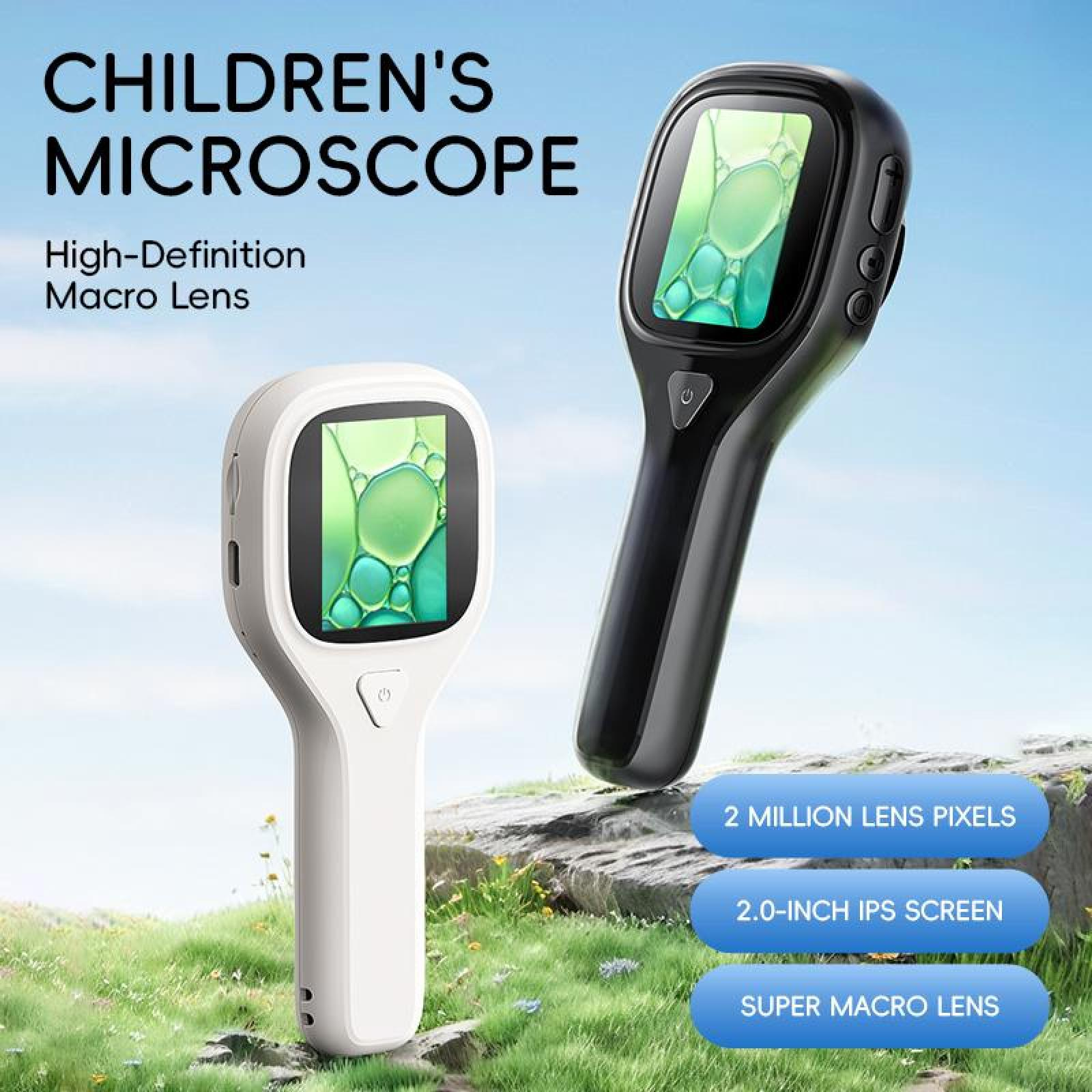 Zwei Kindermikroskope, eines weiß, eines schwarz, zeigen ein vergrößertes grünes Bild. Text: Kindermikroskop.
