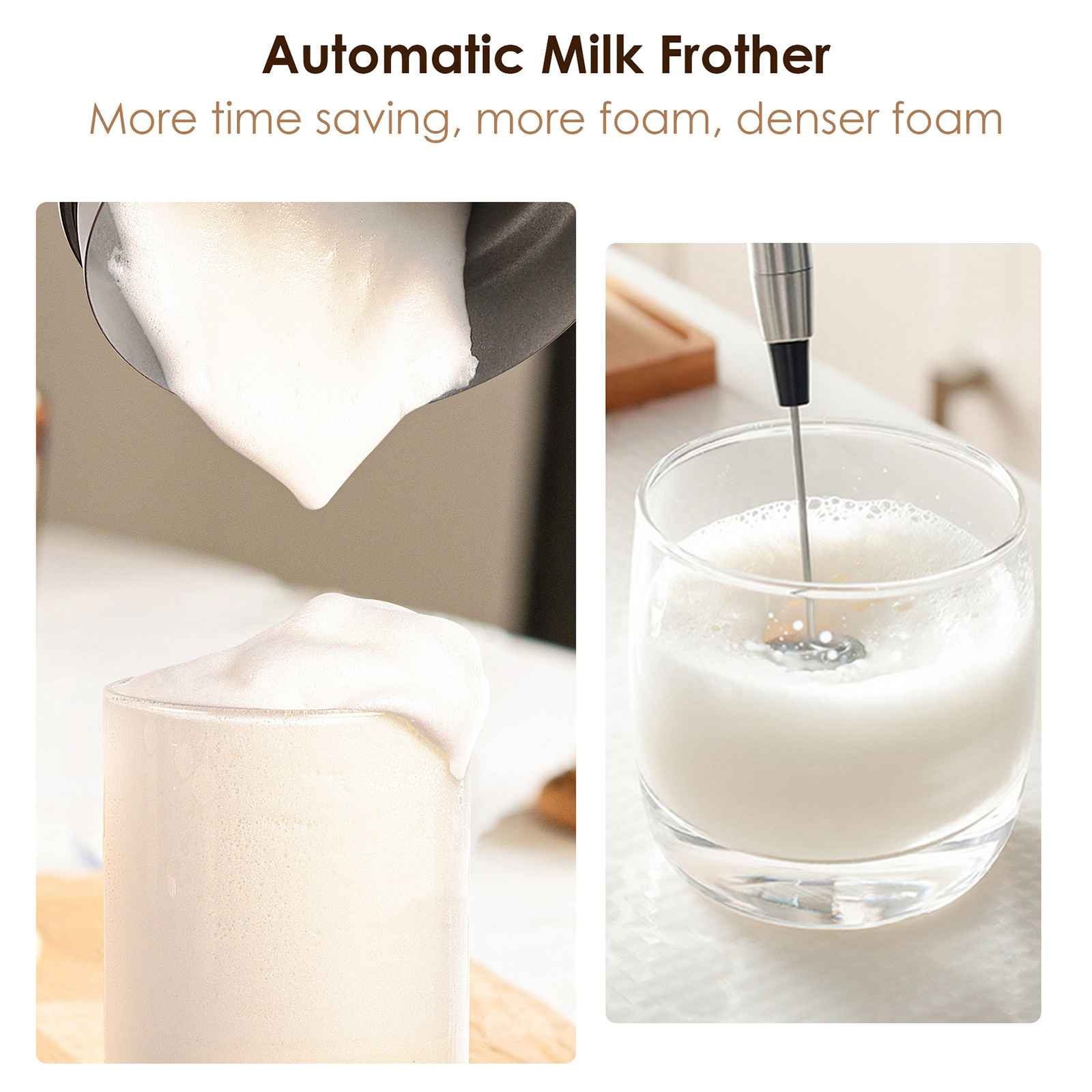 Das Bild zeigt einen Milchaufschäumer in Aktion. Schaum wird in ein Glas gegossen. Ein weiteres zeigt einen Aufschäumer in einem Glas Milch.