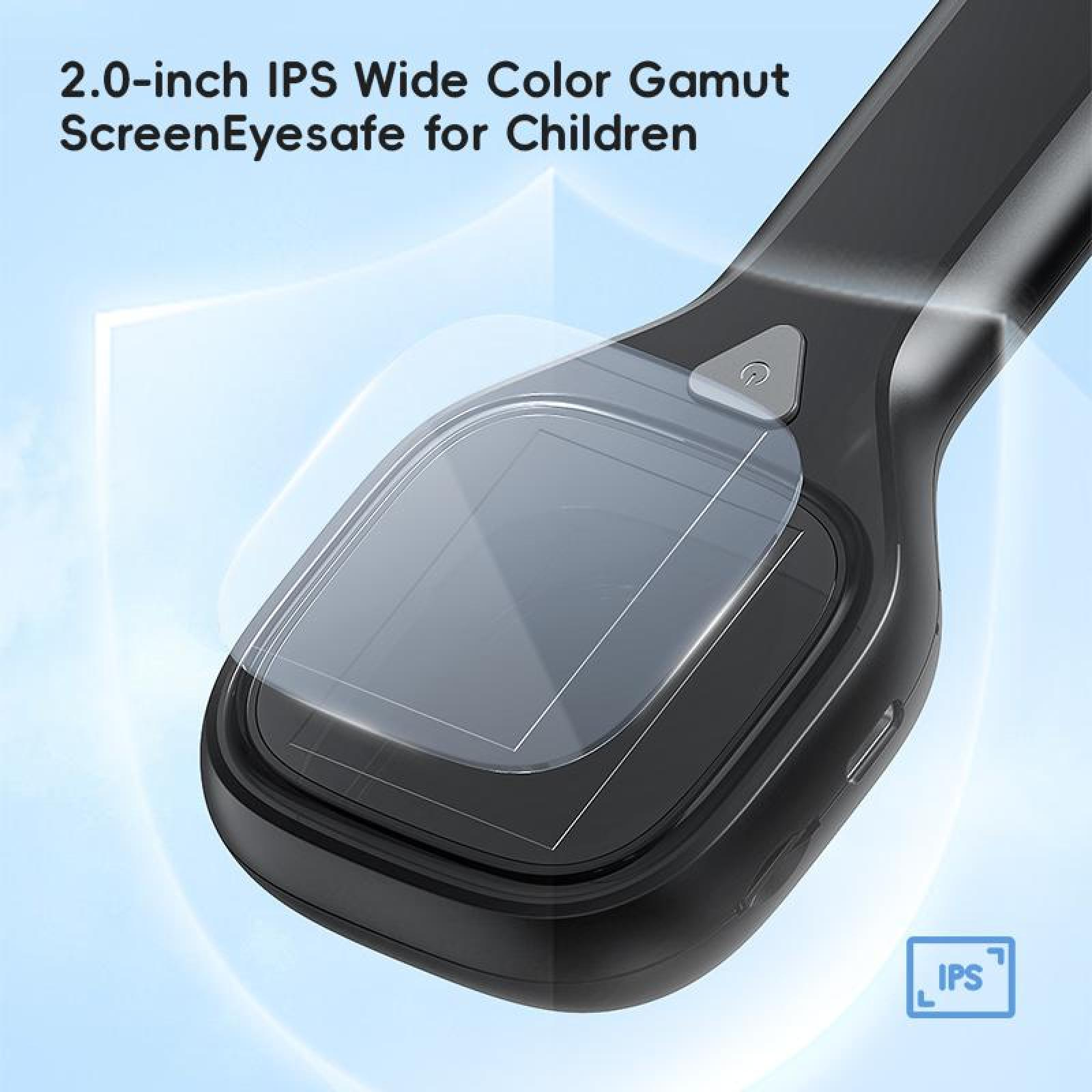 Handgerät mit Displayschutz. Dunkelgraues Gehäuse, Power-Taste und IPS-Logo. Text: 2,0-Zoll-IPS Wide Color Gamut ScreenEyesafe für Kinder.