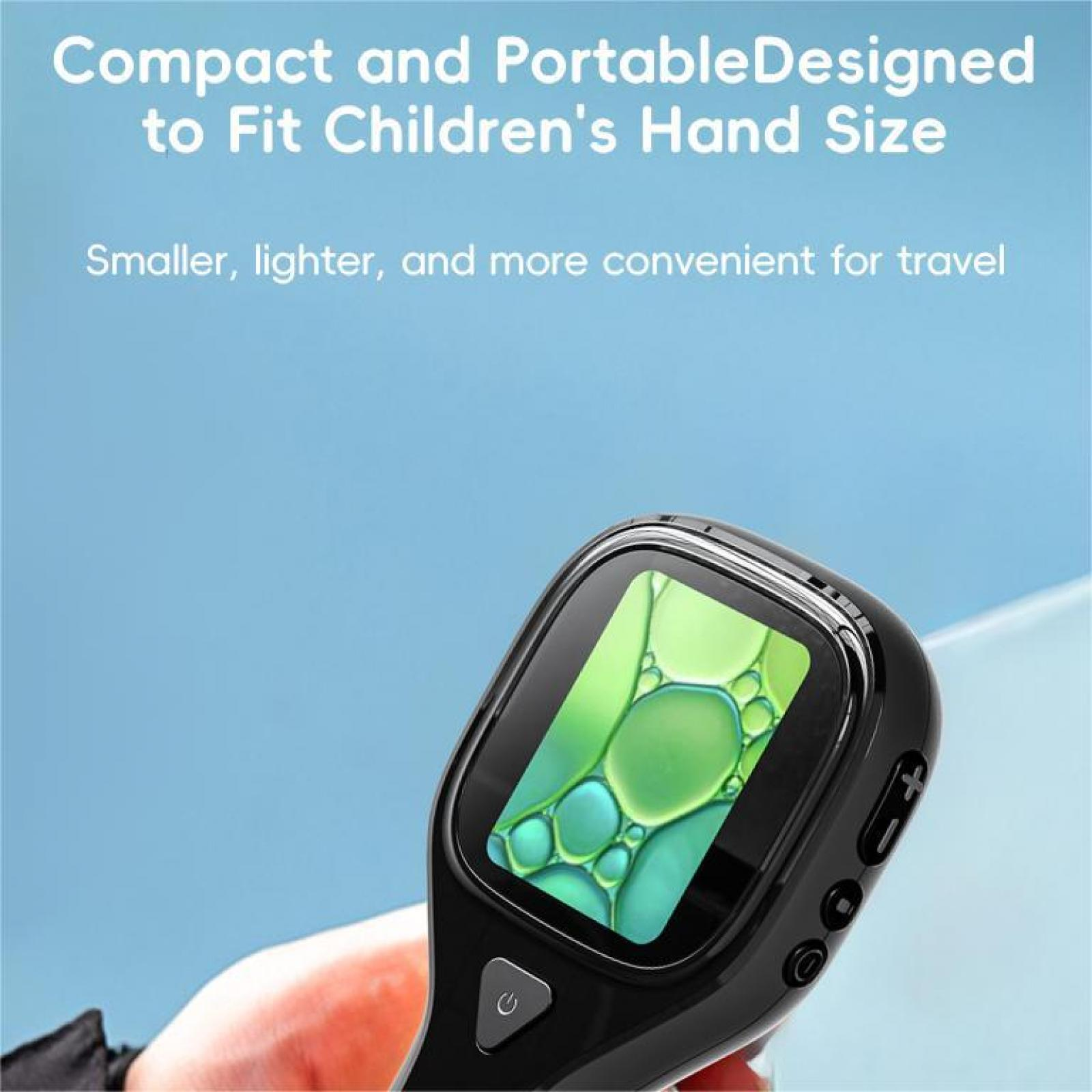 Schwarzes Handheld-Gerät mit Bildschirm, der grüne Formen anzeigt. Blauer Hintergrund. Text oben.
