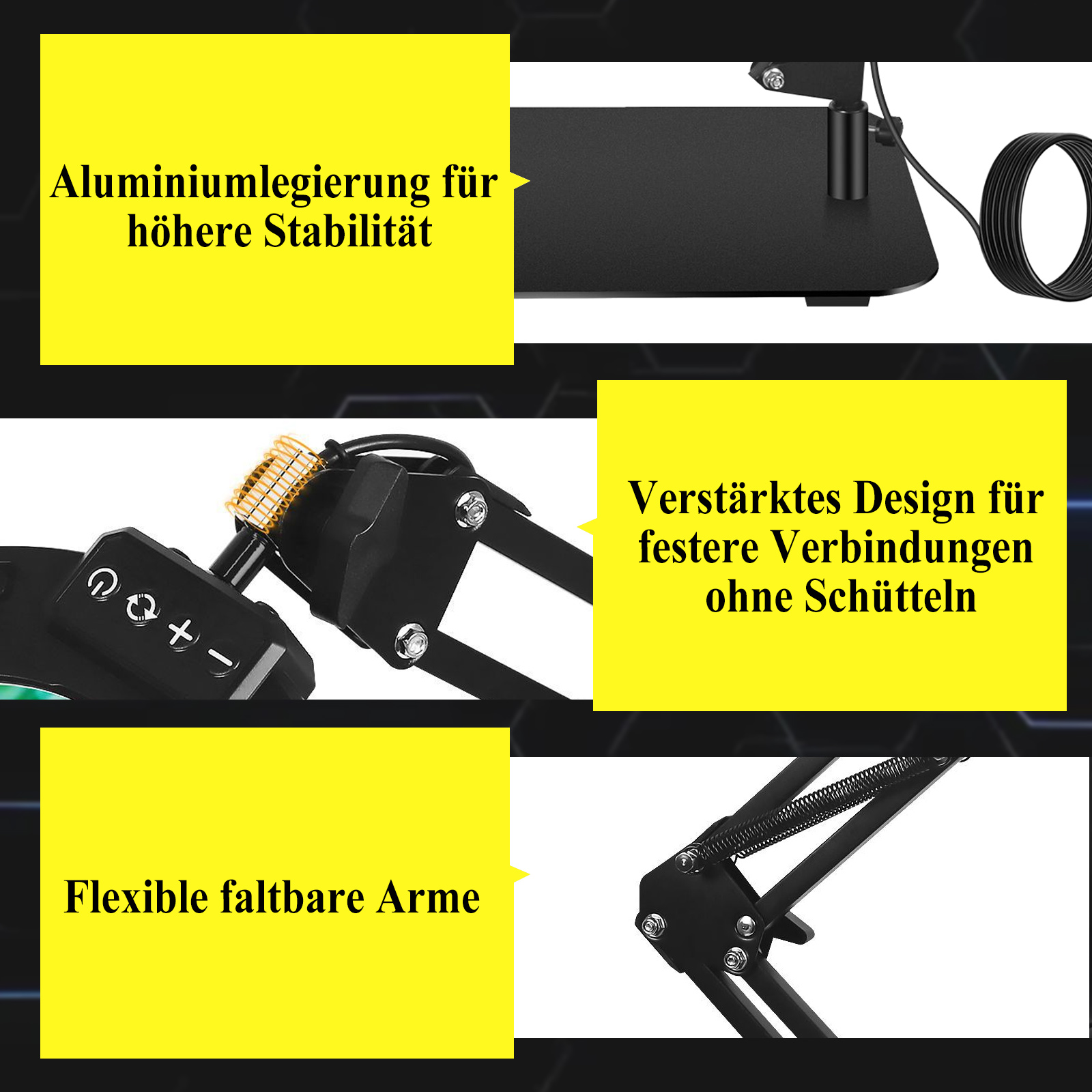 Das Bild zeigt einen schwarzen Mikrofonständer mit gelb hervorgehobenen Textfeldern, die seine Eigenschaften beschreiben.