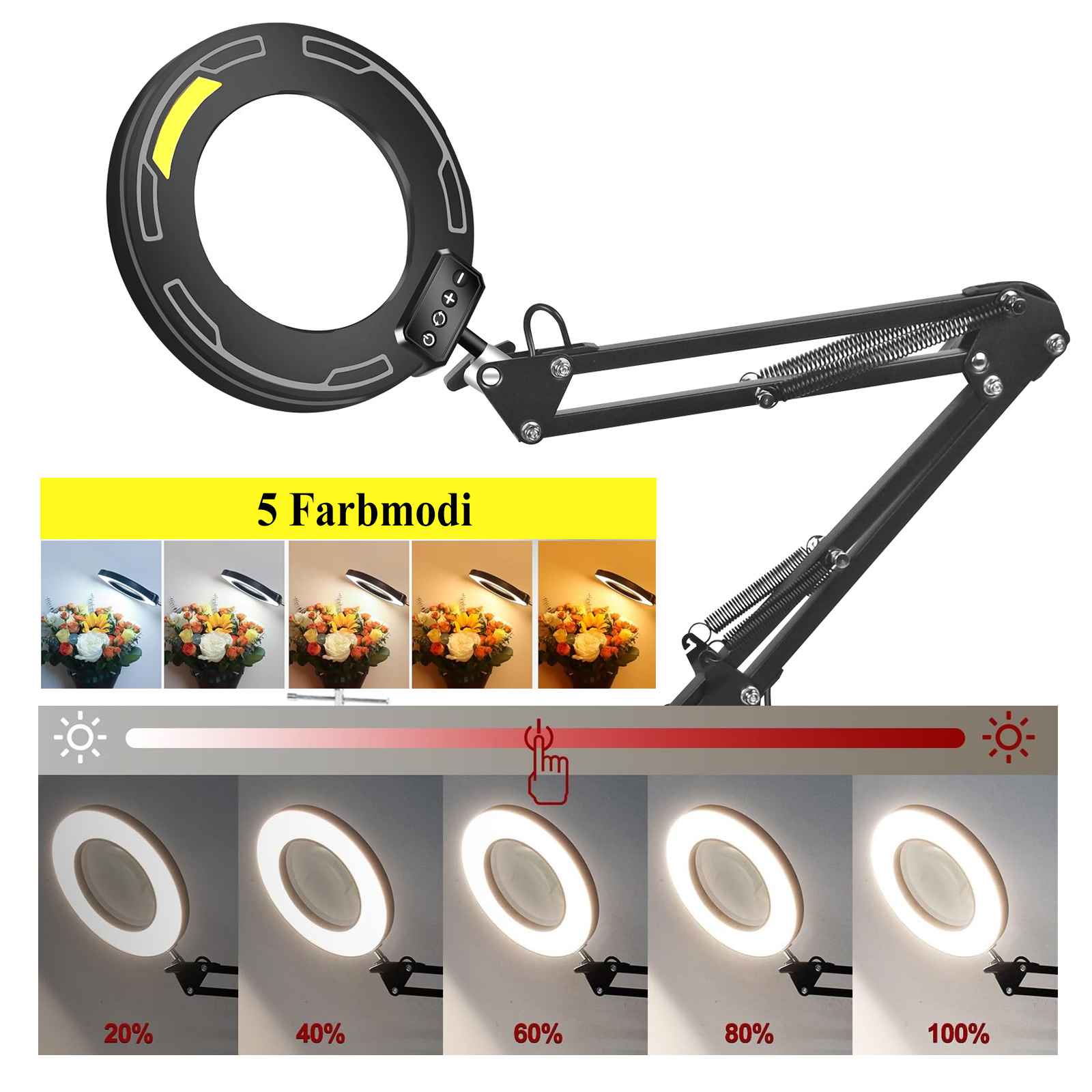 Eine schwarze Lupenlampe mit verstellbarem Arm und 5 Lichtmodi. Unten werden verschiedene Lichtintensitäten von 20% bis 100% gezeigt.