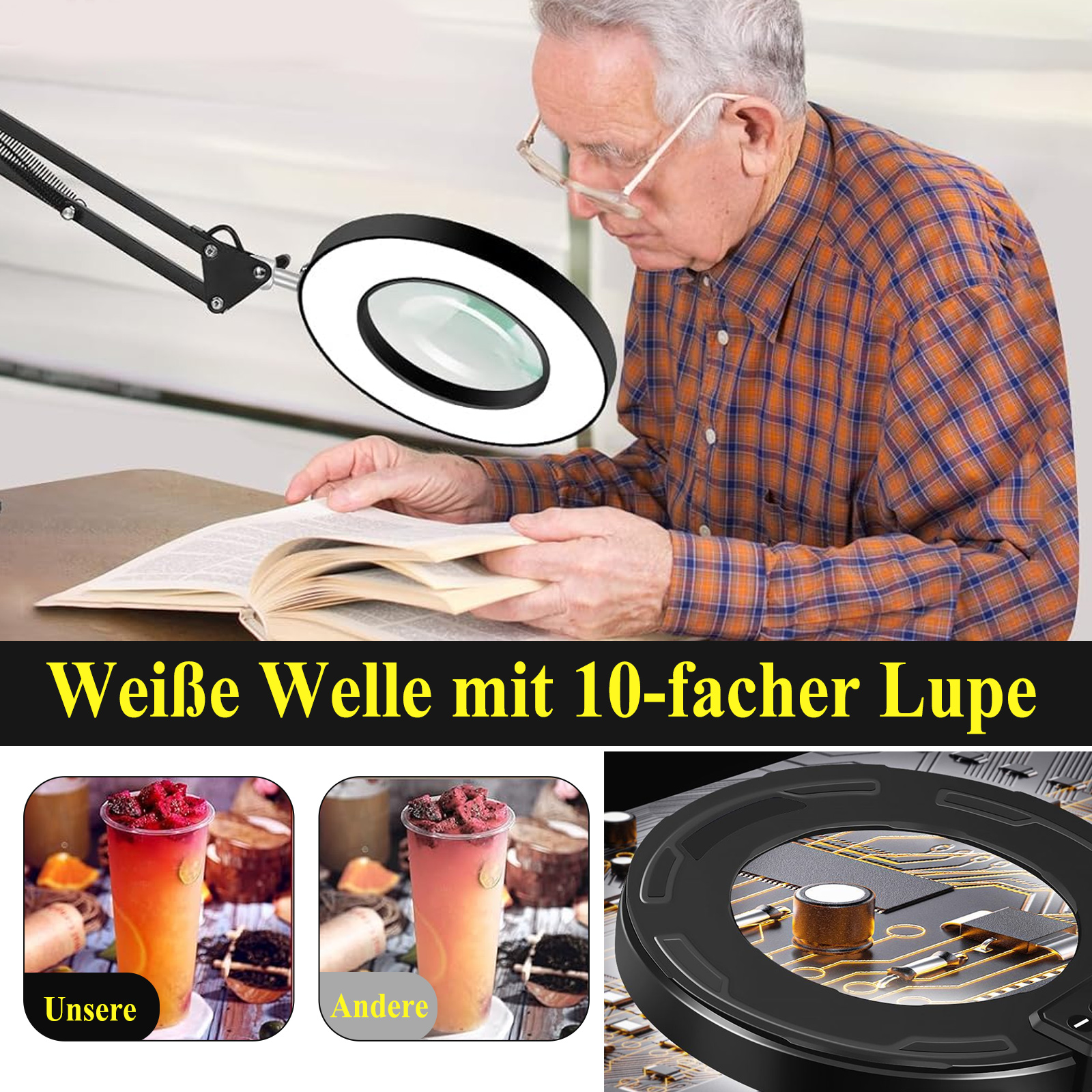 Ein älterer Mann liest unter einer Lupe ein Buch. Zwei Getränke und eine Nahaufnahme des Lampensockels sind im Bild.
