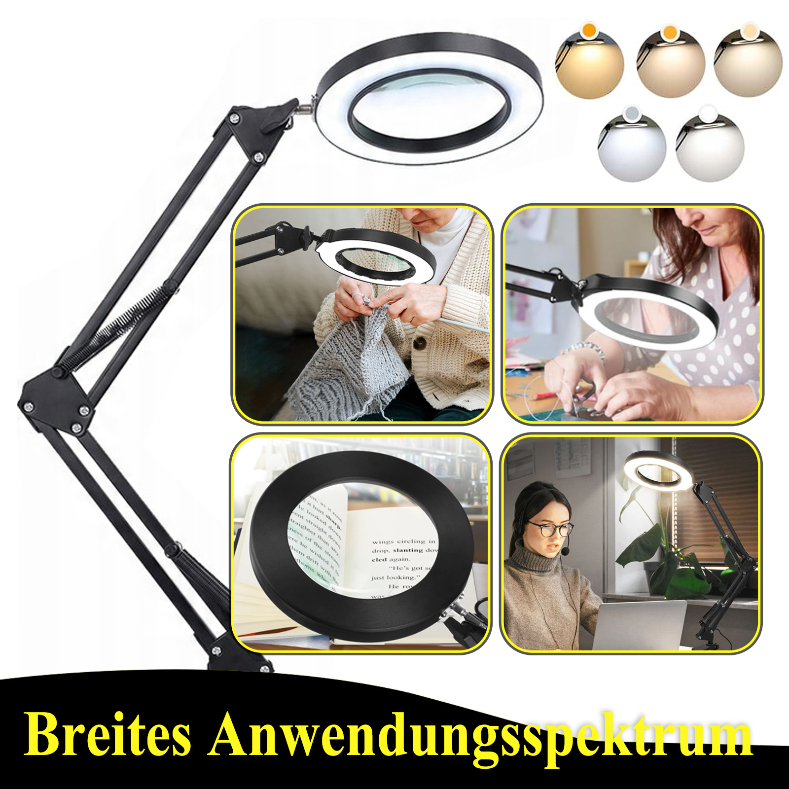 Eine Lupenlampe mit verschiedenen Anwendungen. Zeigt eine Lampe und Personen, die sie zum Stricken, Nähen, Lesen und Arbeiten verwenden.