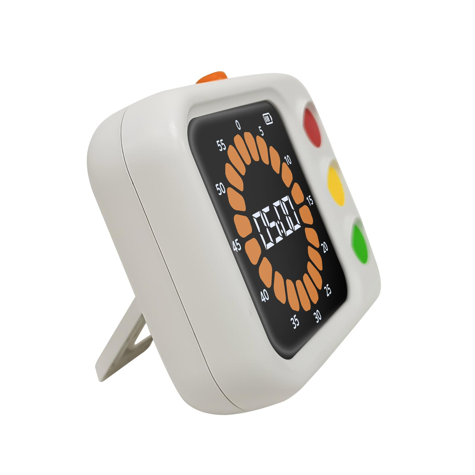Weißer Timer mit orangefarbener Taste, schwarzem Bildschirm mit Zahlen und farbigen Lichtern.