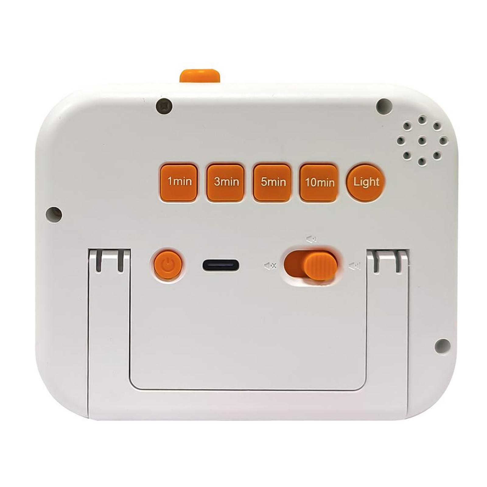 Ein weißer Wecker mit orangenen Knöpfen mit der Aufschrift 1min, 3min, 5min, 10min und Light. Er hat einen Power-Button und ein Einstellrad.