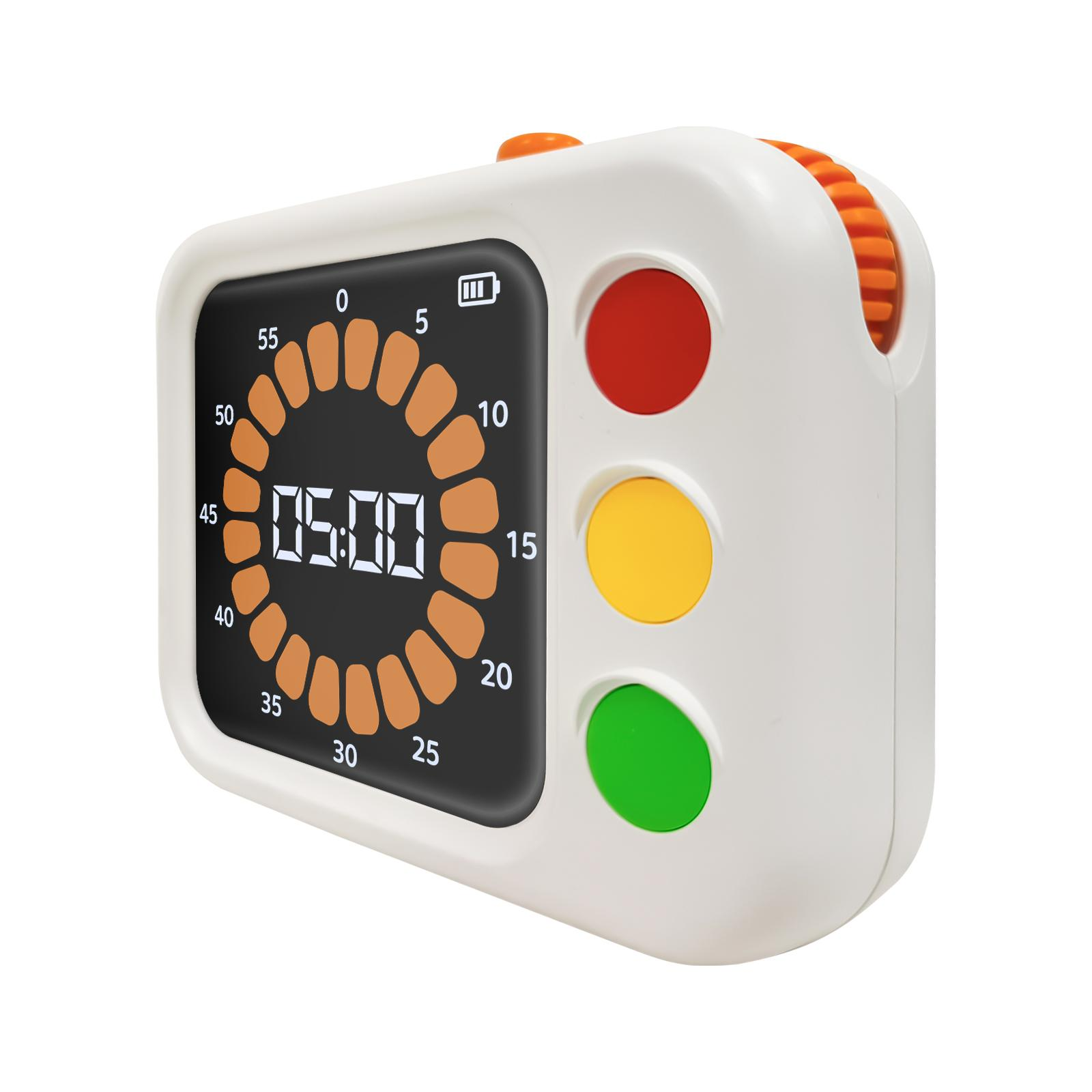 Weißer Timer mit schwarzem Display, das 05:00 anzeigt. Er hat orangefarbene Akzente und rote, gelbe und grüne Knöpfe.