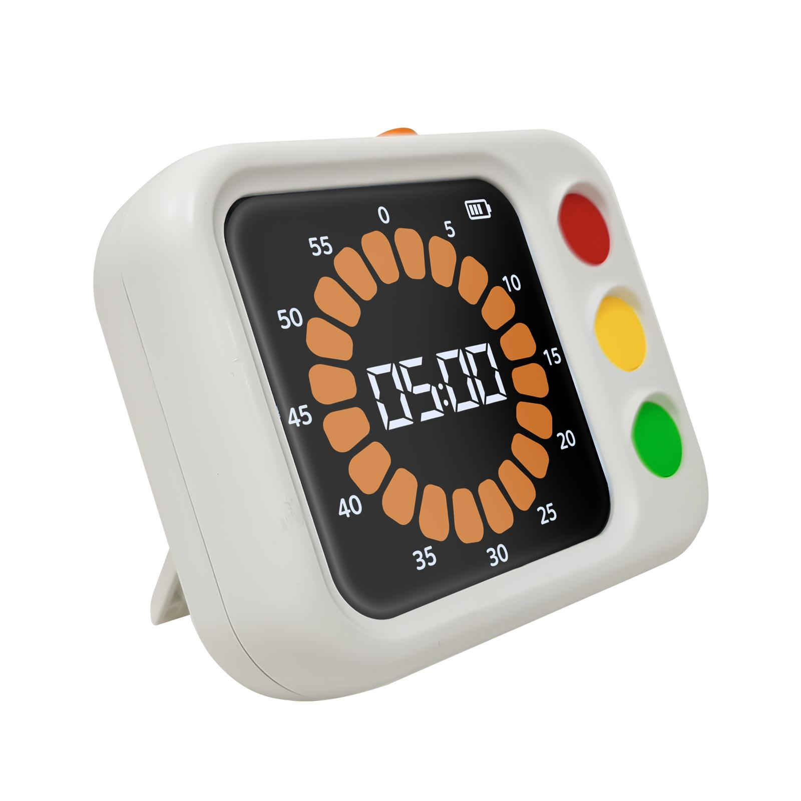 Weißer Timer mit Digitalanzeige 05:00. Rote, gelbe und grüne Knöpfe. Das Display hat orangefarbene Markierungen.