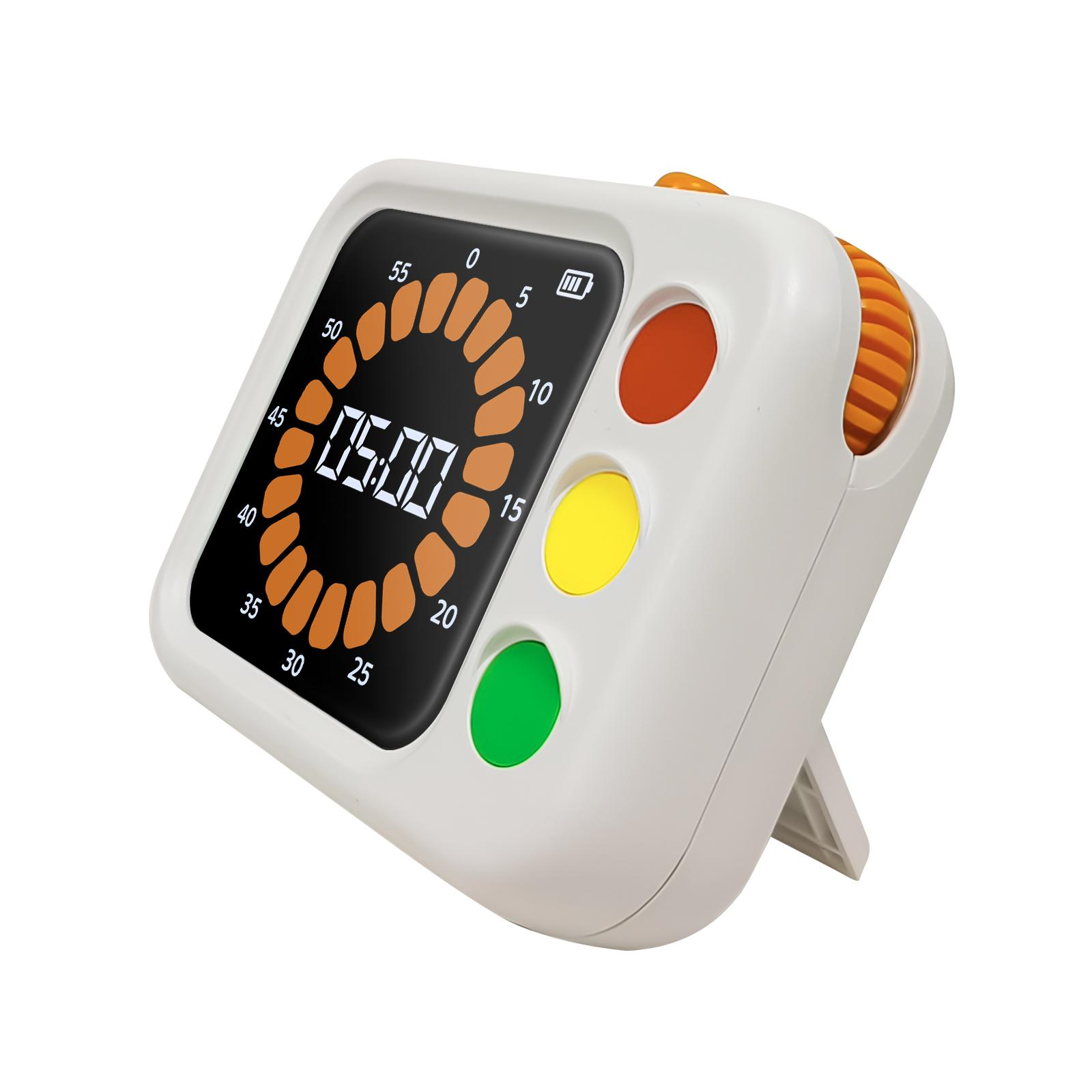 Ein weißer Timer mit digitaler Anzeige 05:00. Er hat orangefarbene und farbige Knöpfe und ein rotierendes oranges Rad.