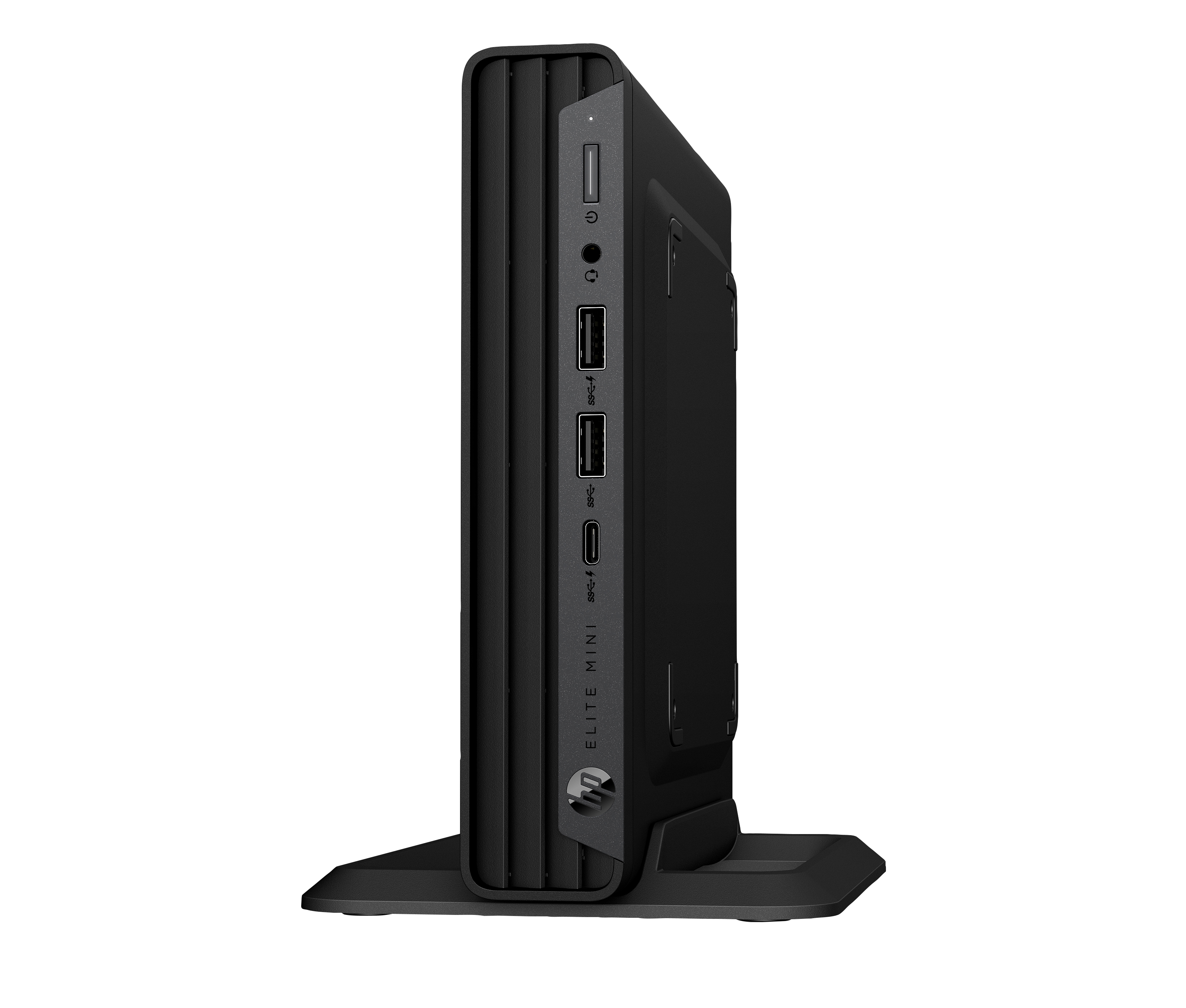 Ein schwarzer HP Elite Mini-Computer wird gezeigt. Er steht in einem vertikalen Ständer. Anschlüsse und Tasten sind sichtbar.