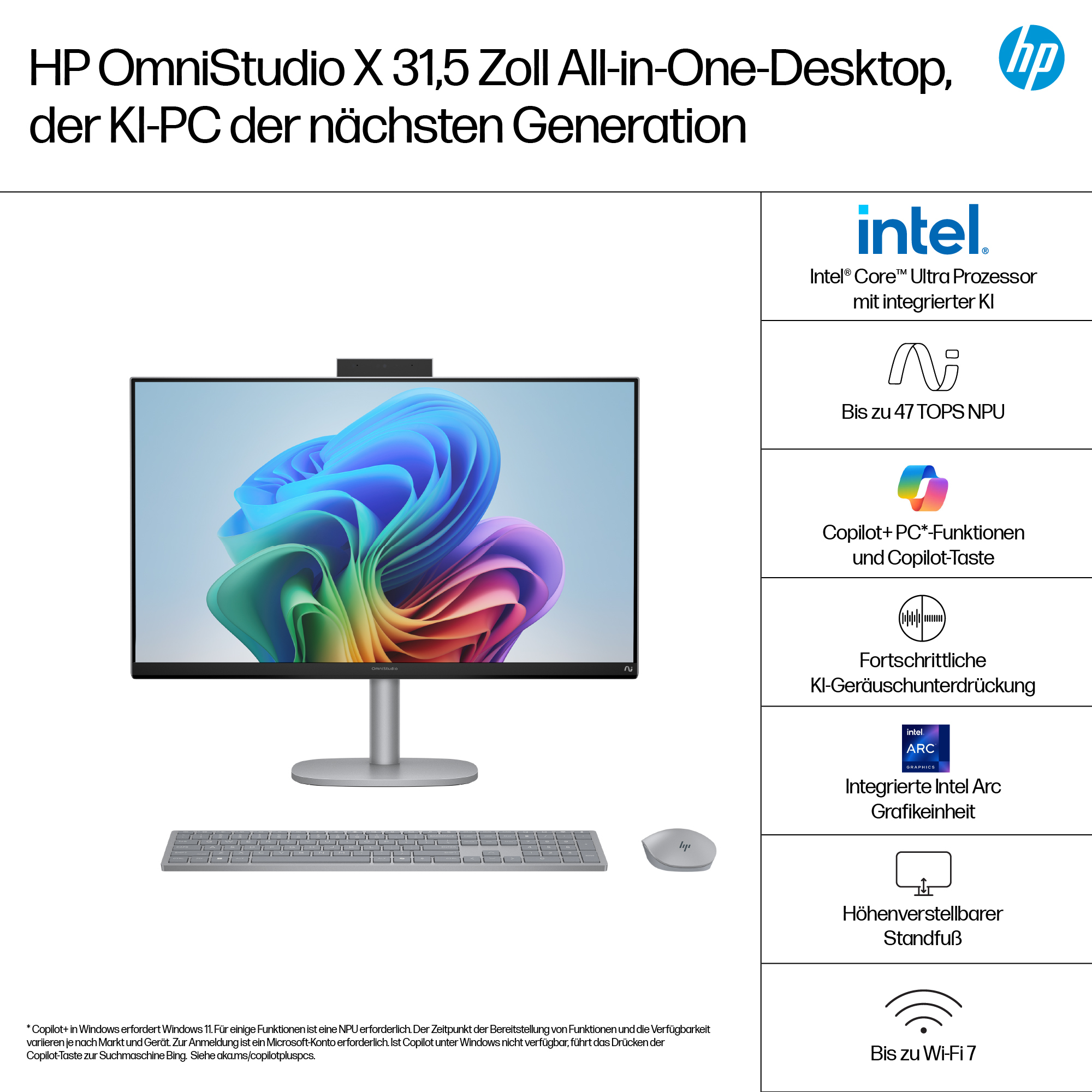 Komputer stacjonarny HP all-in-one z monitorem, klawiaturą i myszką. Posiada Intel Core, Copilot i regulowaną podstawę.
