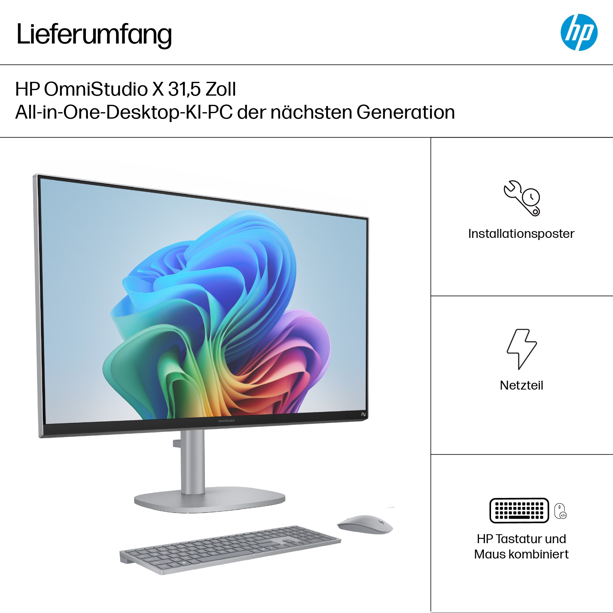 Komputer stacjonarny HP OmniStudio. Zawiera monitor, klawiaturę, mysz. Wyświetlono plakat instalacyjny, zasilacz i zestaw klawiatura/mysz.