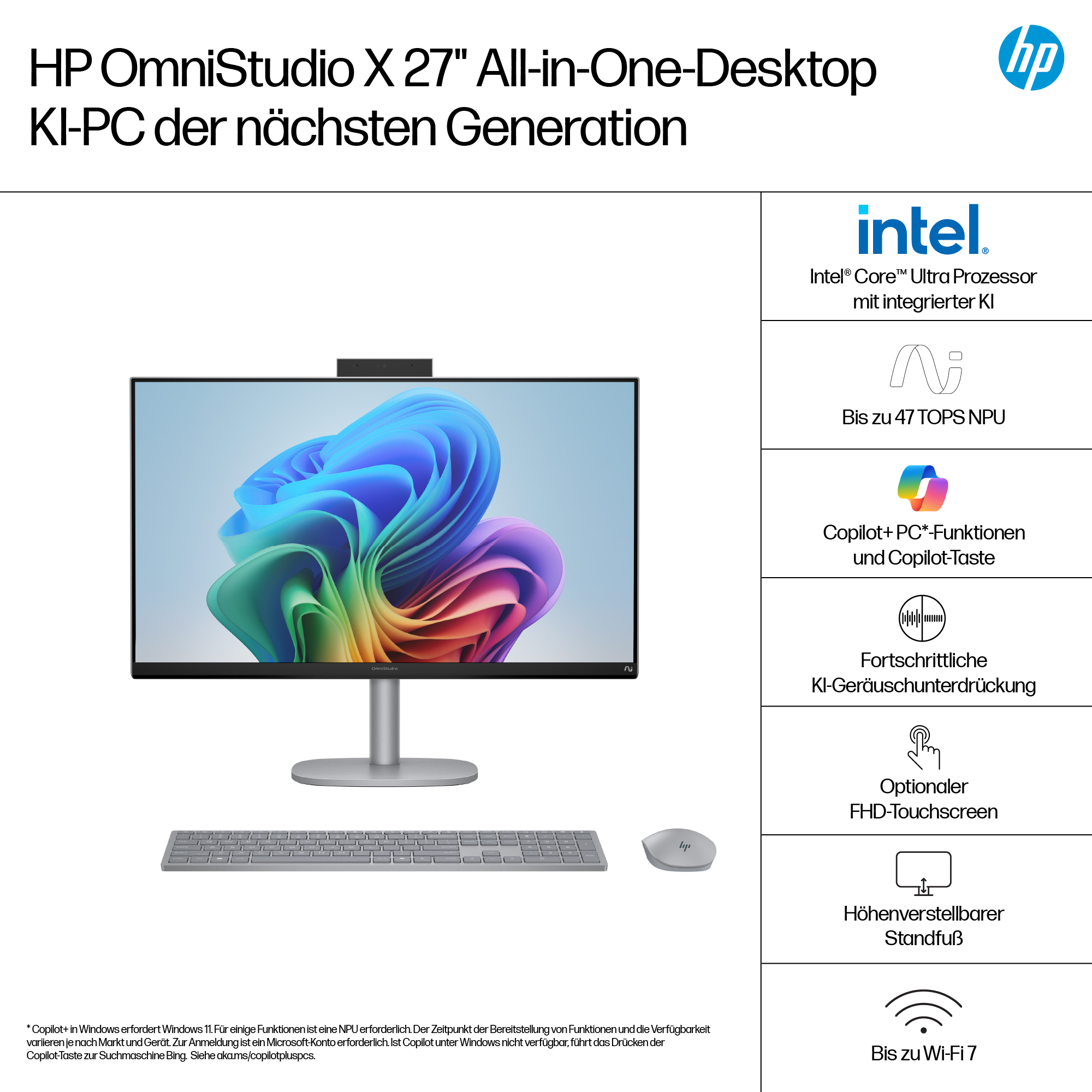 Komputer stacjonarny HP OmniStudio X 27" all-in-one. Zawiera monitor, klawiaturę i mysz z procesorem Intel i Wi-Fi 7.