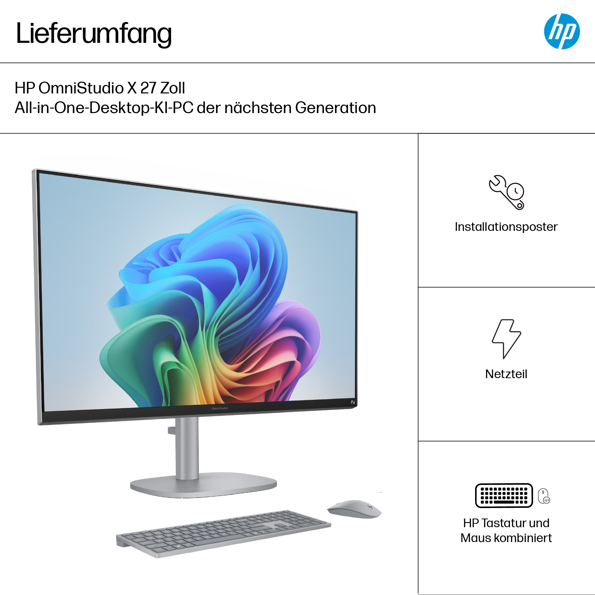 Komputer HP OmniStudio X 27 cali all-in-one. Zawiera monitor, klawiaturę, mysz, plakat instalacyjny, zasilacz. Kolorowe abstrakcyjne tło.