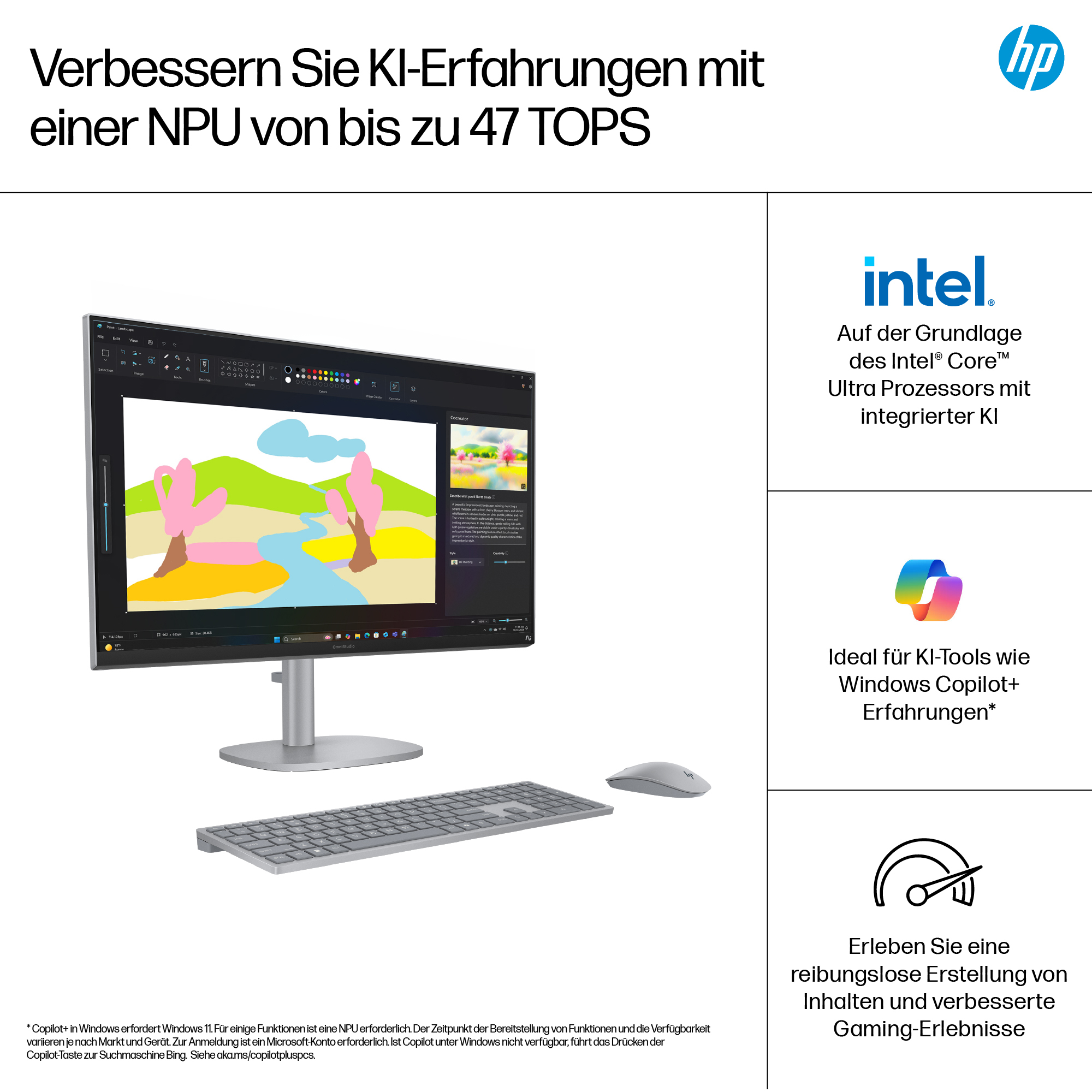 Monitor komputera wyświetla obraz krajobrazu. Klawiatura i mysz znajdują się poniżej. Logo HP znajduje się w prawym górnym rogu.