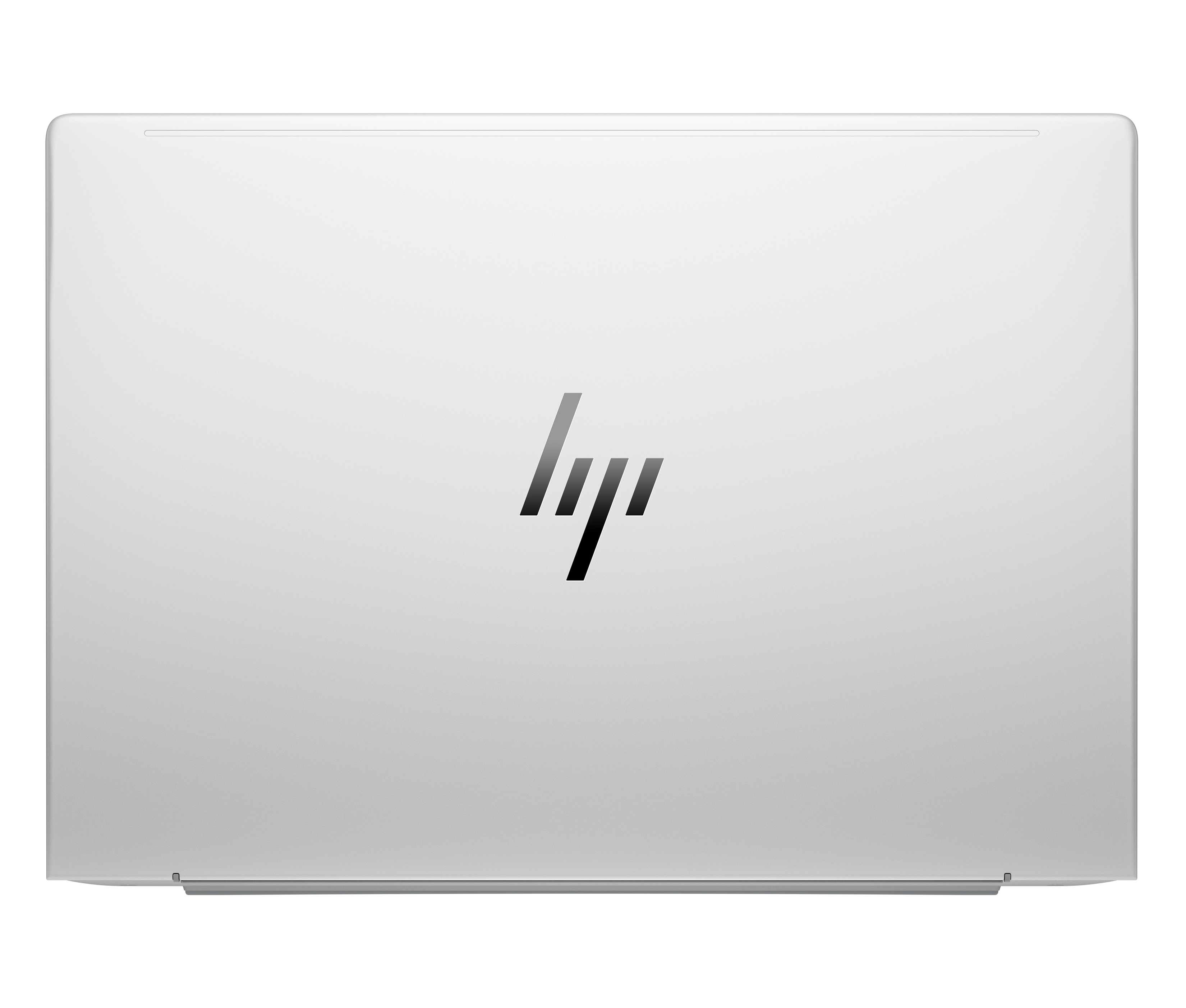 Couvercle argenté d'un ordinateur portable avec le logo HP. Fond blanc.