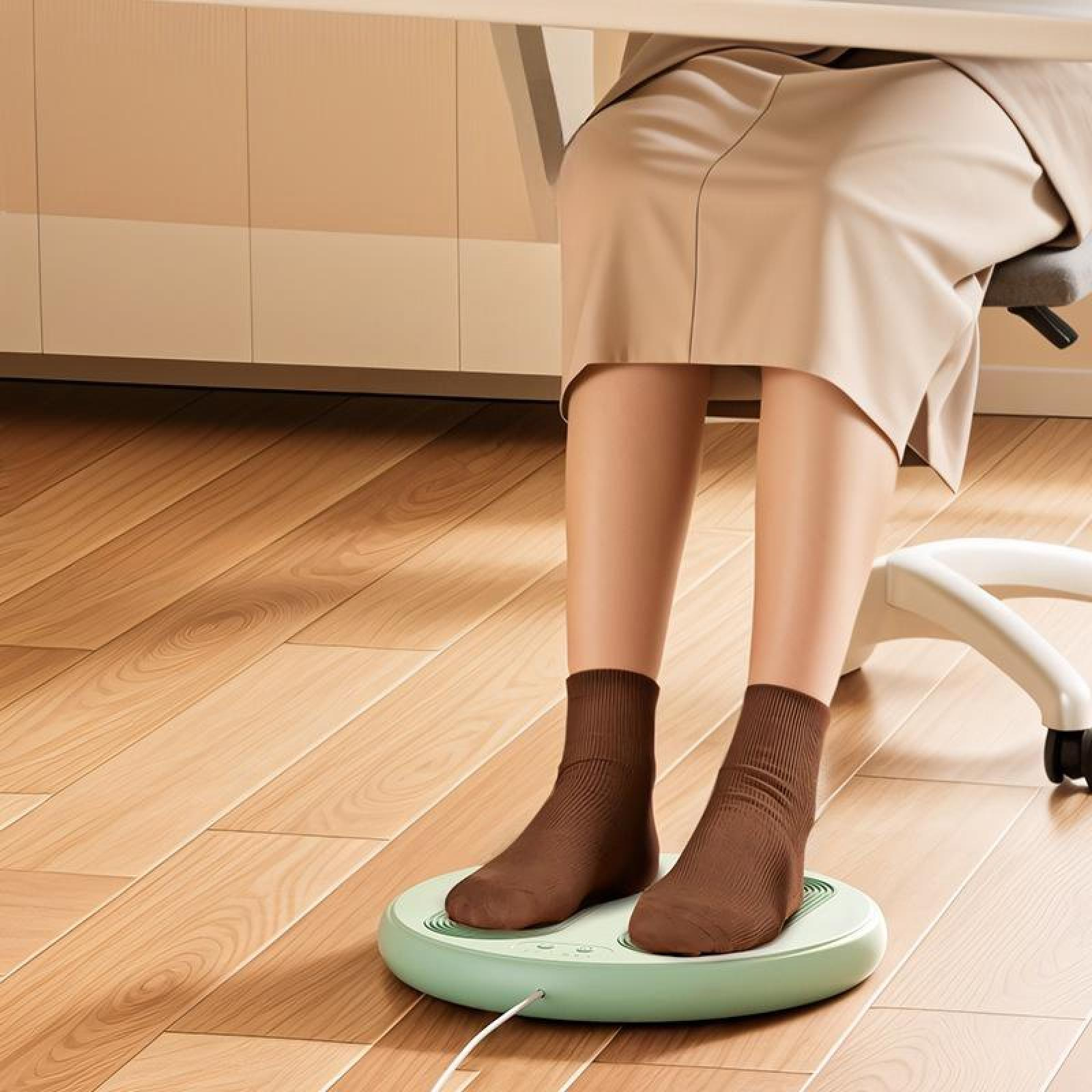 Füße in braunen Socken ruhen auf einem grünen Fußmassagegerät unter einem Schreibtisch. Holzboden sichtbar.