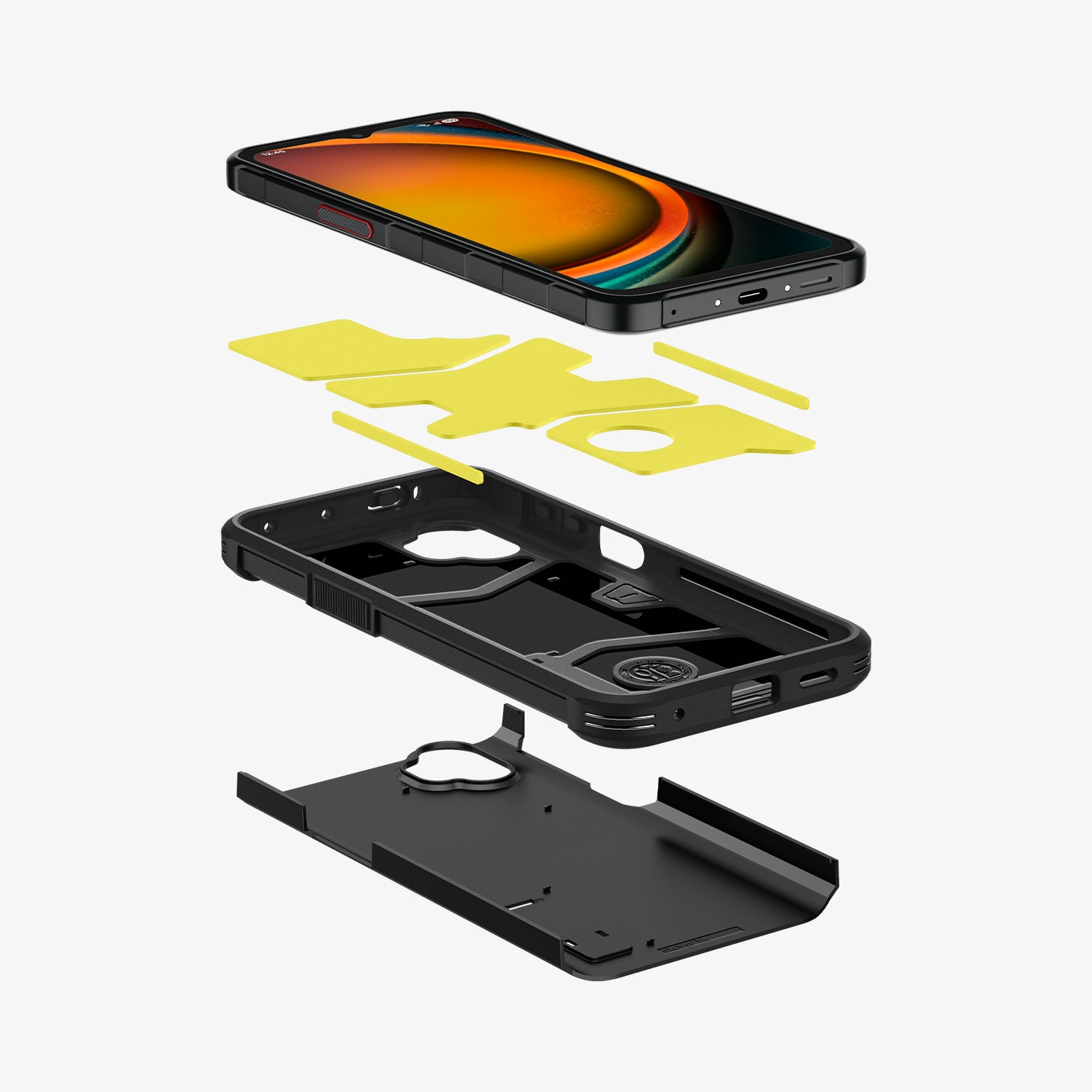 Exploded view of a phone and case. Components include a phone, yellow padding, a black frame, and a black backplate, all separated.