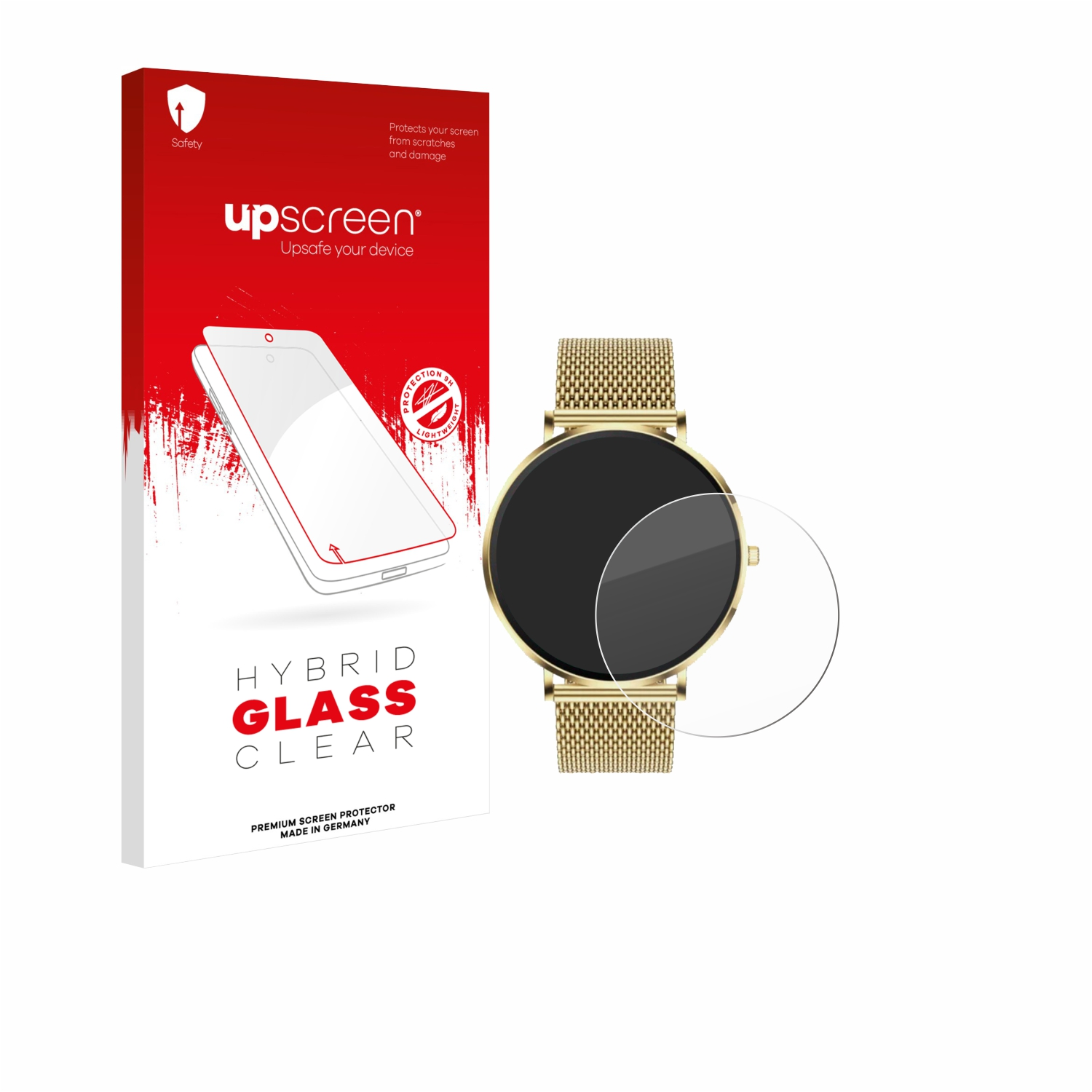 Eine Smartwatch mit Displayschutzfolie neben einer Produktbox. Auf der Box steht Hybrid Glass Clear. Die Uhr hat ein goldenes Band.