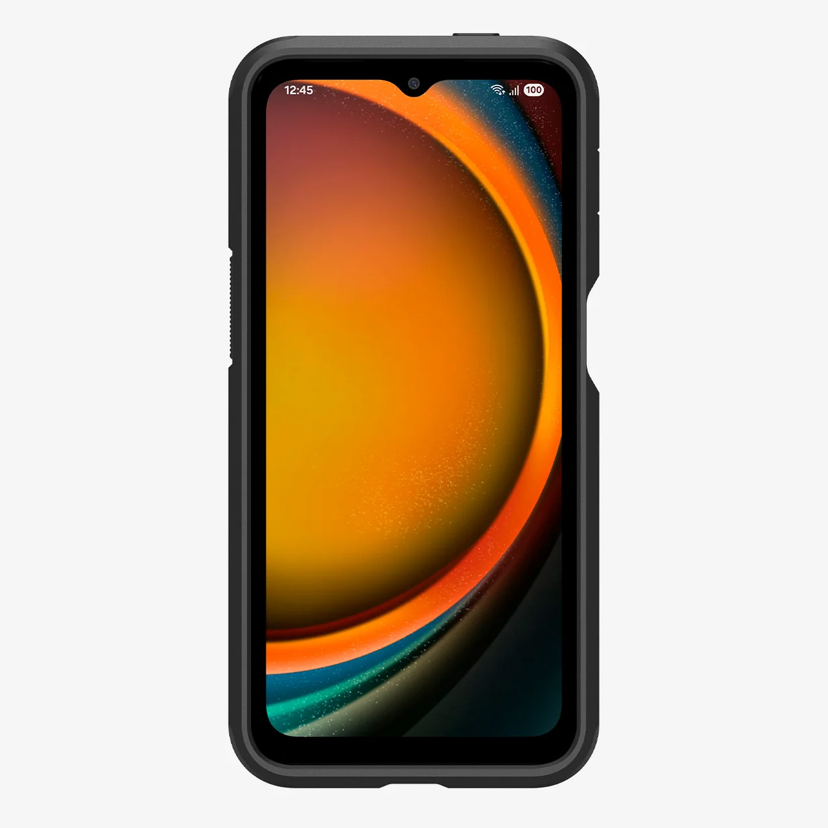 A smartphone with a black case displays a colorful abstract image. The screen shows time and signal strength.