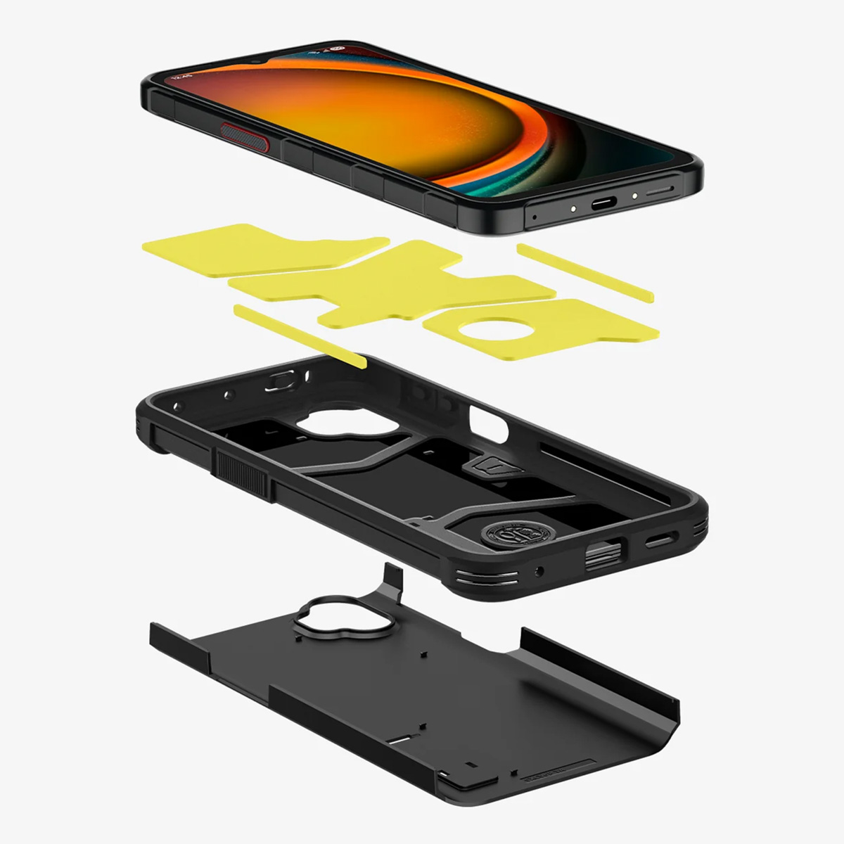 An exploded view of a phone with a black case. Yellow adhesive pads are between the phone and case components.