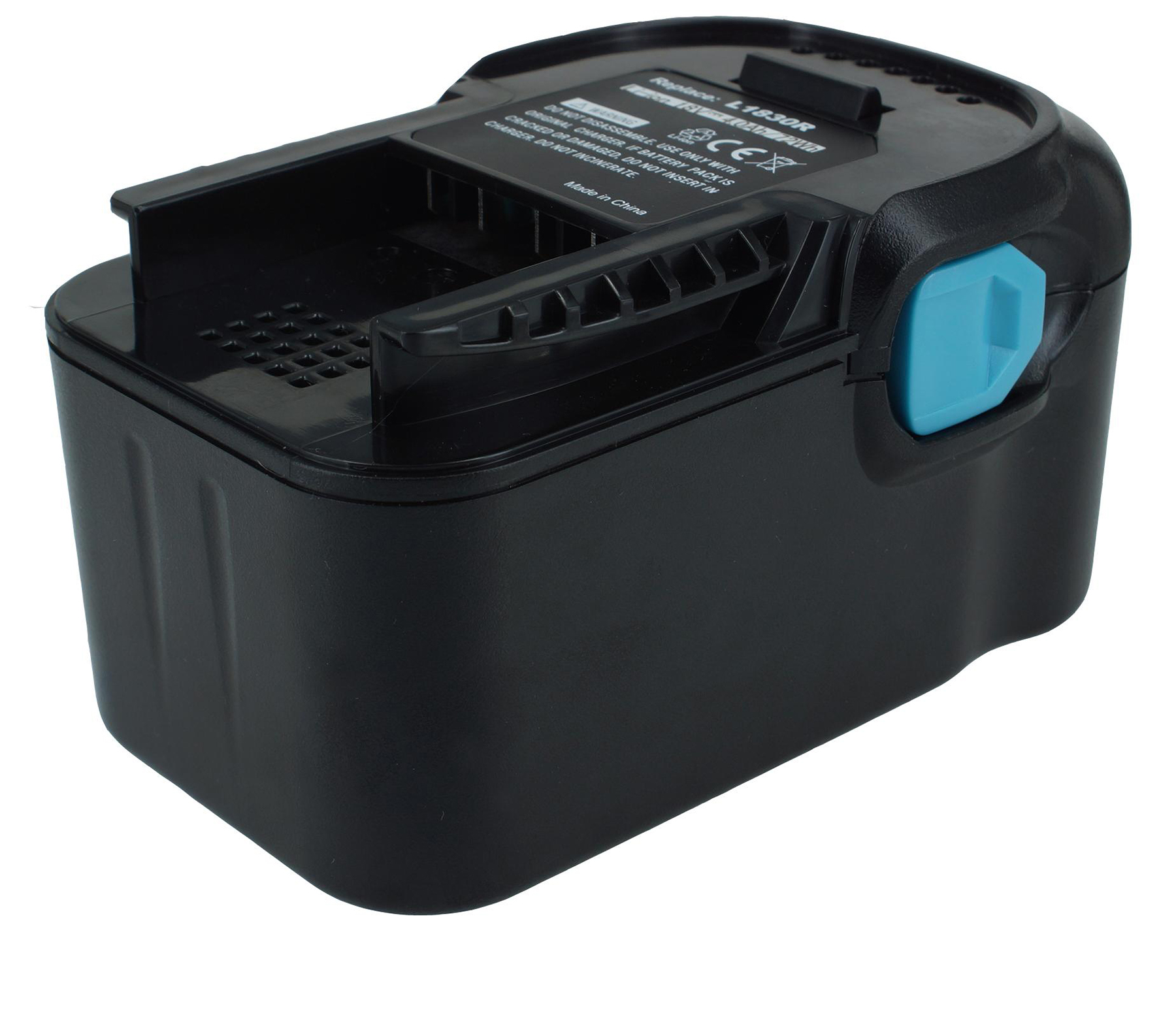 Pacco batteria nero con pulsante blu. Include testo e maniglia. È etichettato 'Replace: L1830R'.