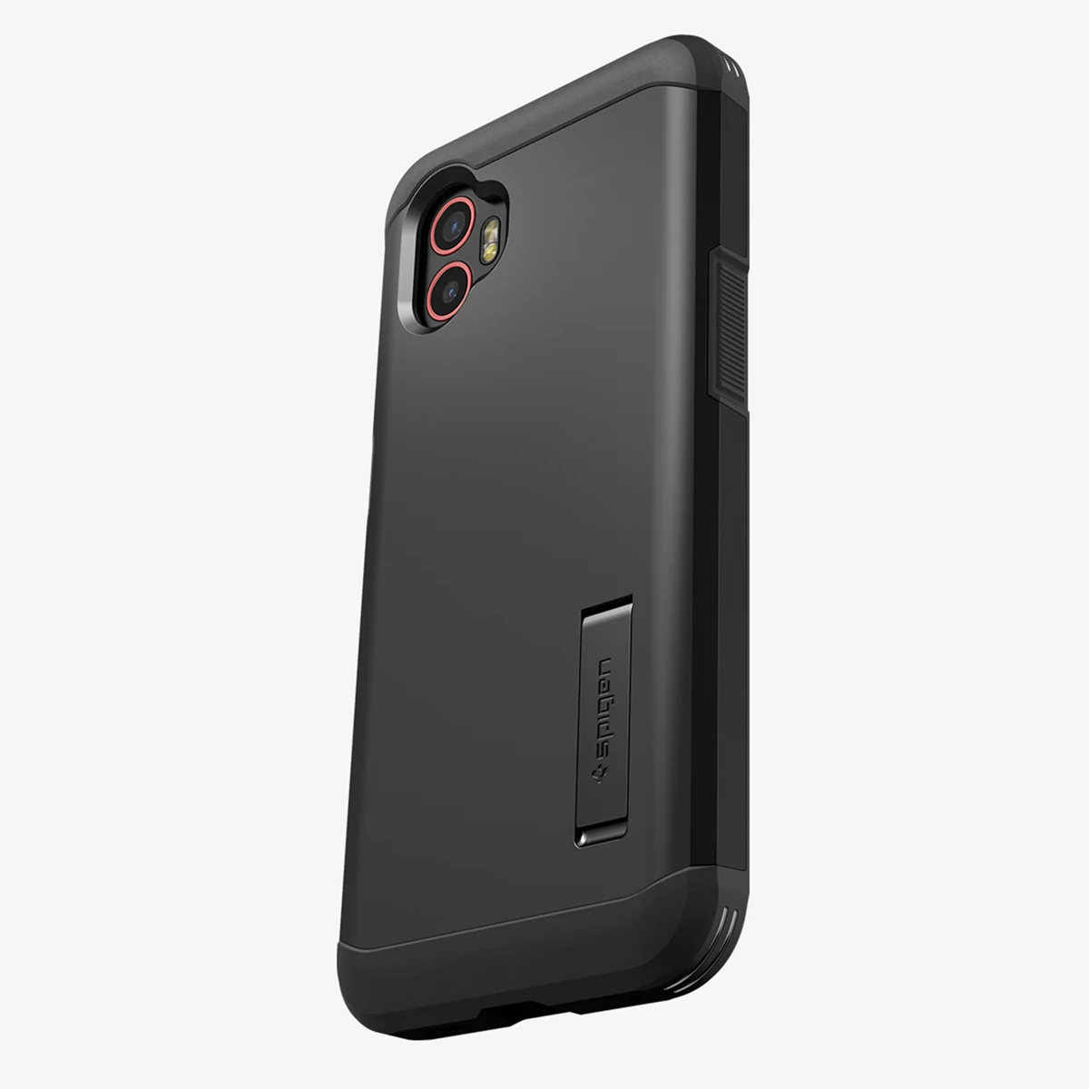 Black phone case angled left. Features a camera cutout with red accents and Spigen branding. Case is on a white background.