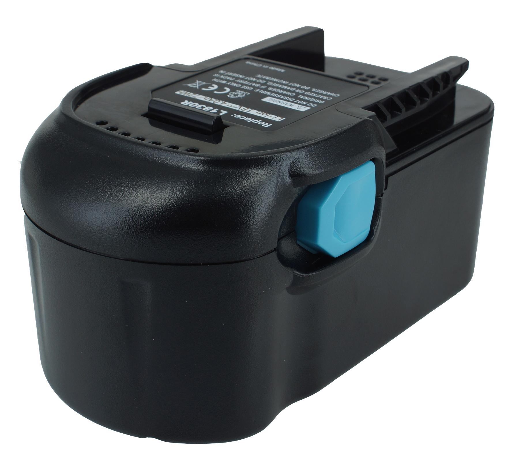 Batteria nera per utensili elettrici. Pulsante di rilascio blu. Contiene etichette di avvertenza e il modello L1830R.