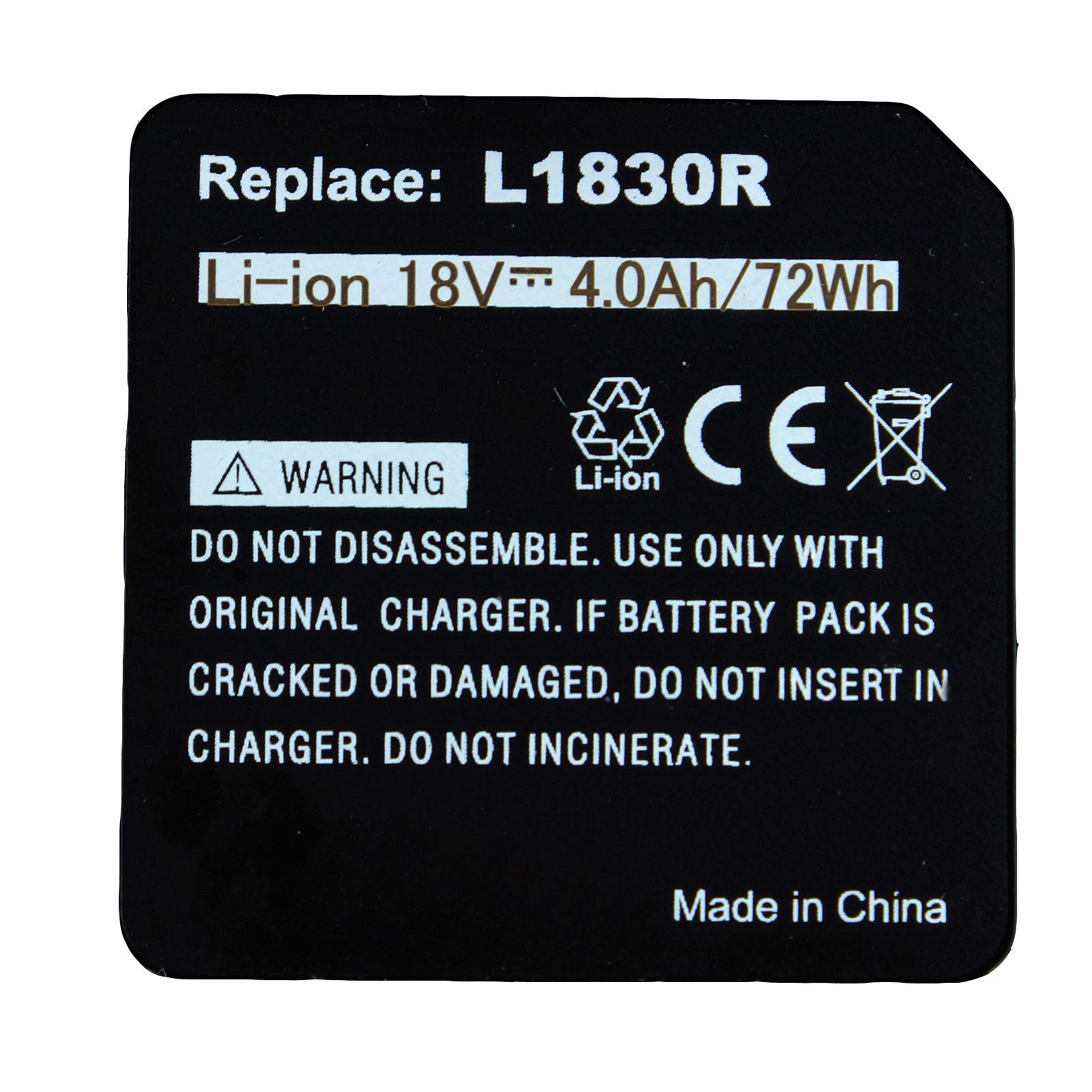 Etichetta nera della batteria con testo bianco. Avvertenze: non smontare, utilizzare il caricabatterie originale e non incenerire.