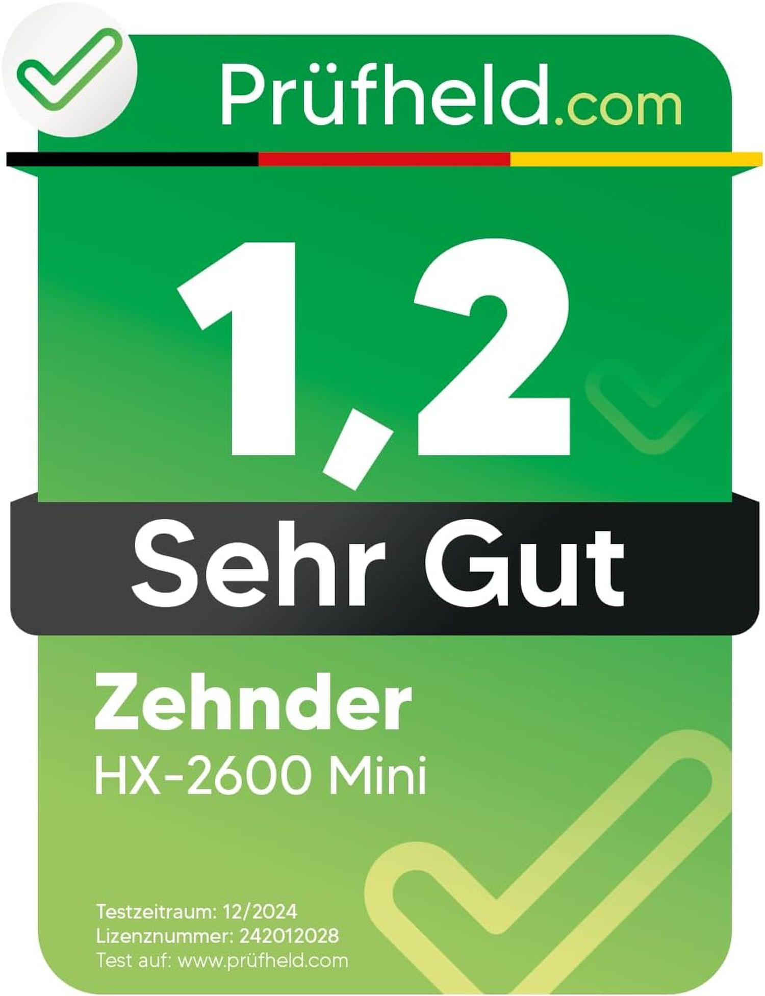 Eine grüne und weiße Prüfheld.com-Bewertungsgrafik. Zeigt eine Note von 1,2 und sagt 'Sehr Gut'. Zehnder HX-2600 Mini wird erwähnt.