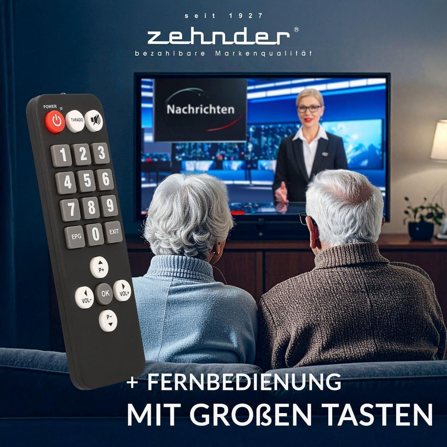 Ein älteres Ehepaar schaut fern, eine Fernbedienung ist im Vordergrund. Der Fernseher zeigt einen Nachrichtensprecher. Unten steht: Fernbedienung mit großen Tasten.