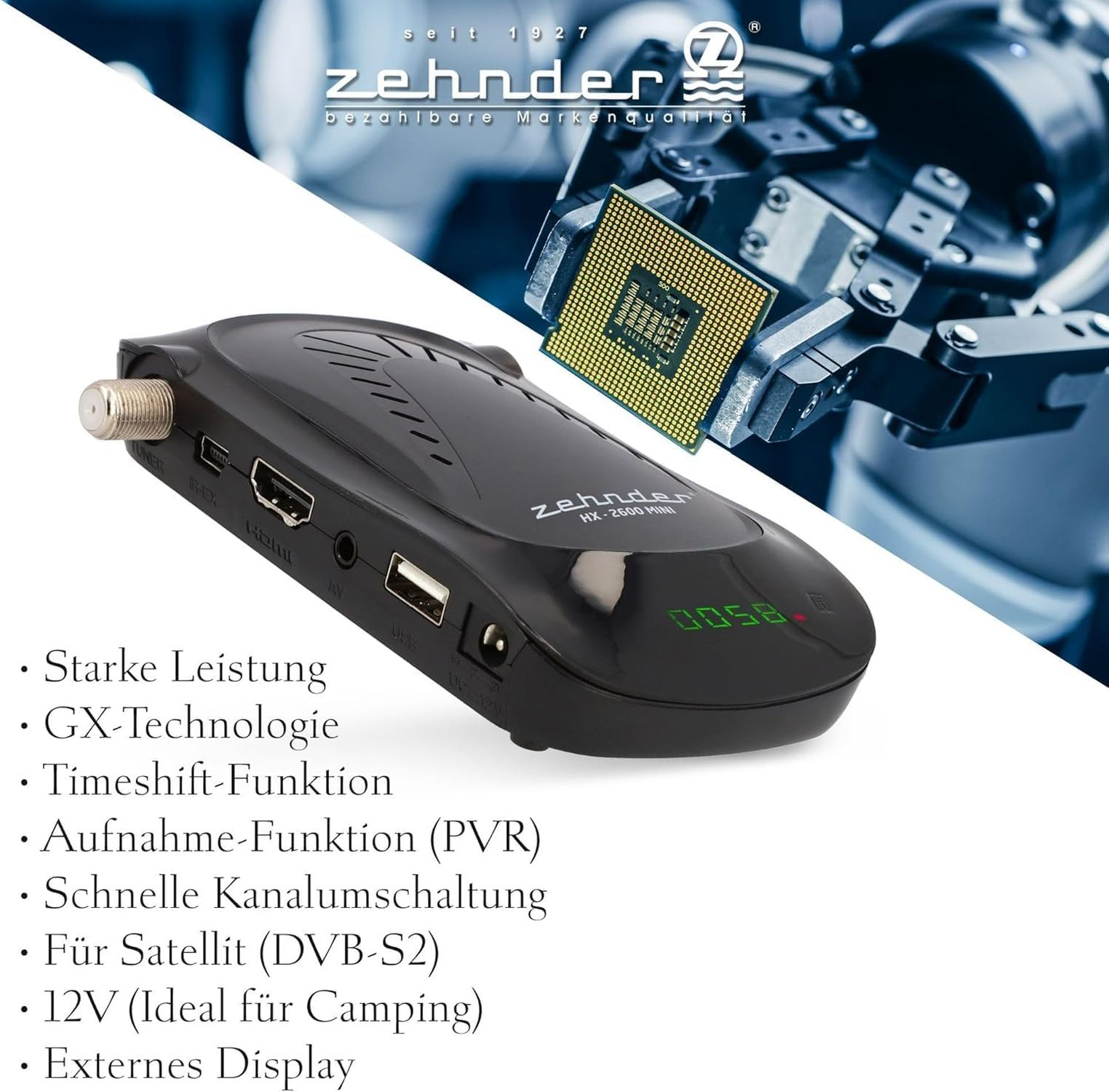 Ein schwarzer Zehnder-Receiver mit Anschlüssen, einem grünen Display und einem Prozessor im Hintergrund, mit einer Liste von Funktionen.