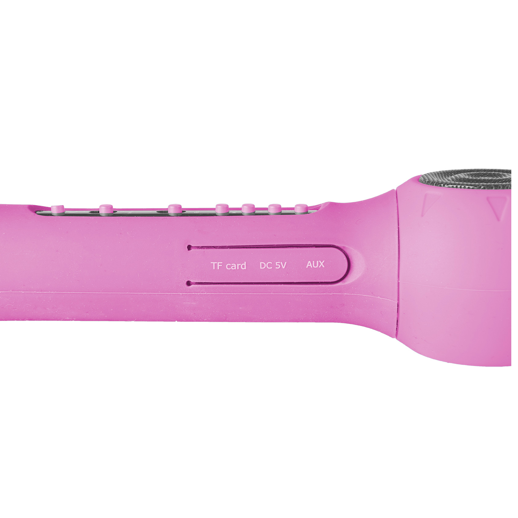 Rosa Lautsprecher mit Knöpfen und Anschlüssen für TF-Karte, DC 5V und AUX. Mit Lautsprechergitter.